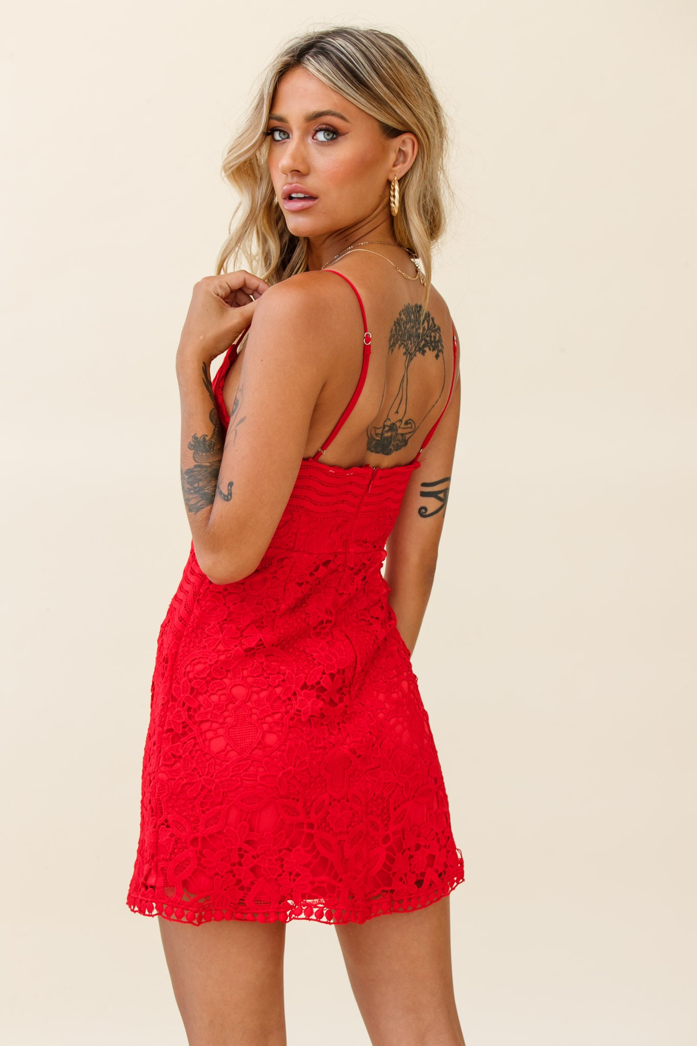 Zahara Lace Overlay Thin Strap Mini Dress Red-Fable Dress