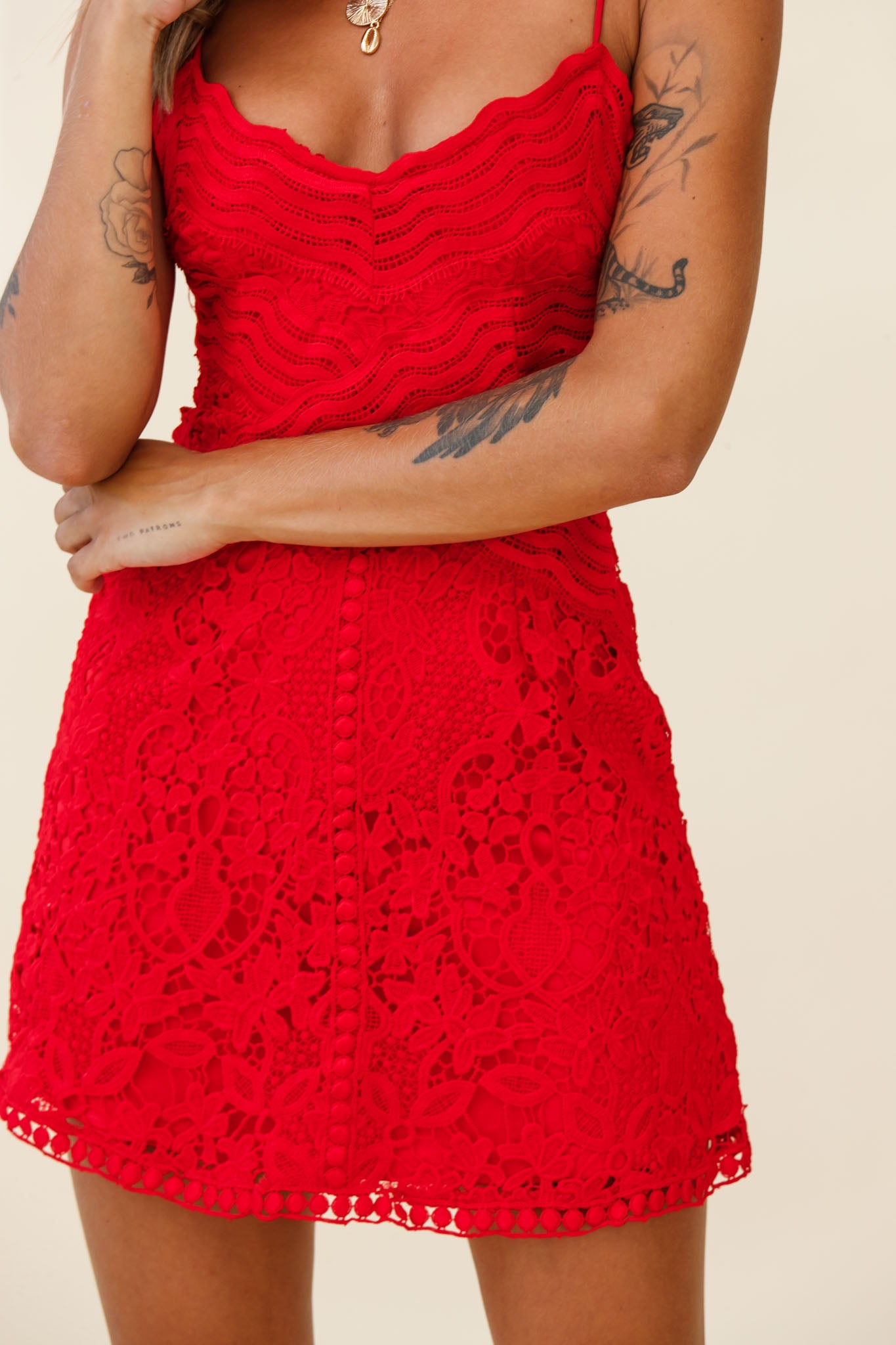 Zahara Lace Overlay Thin Strap Mini Dress Red-Fable Dress