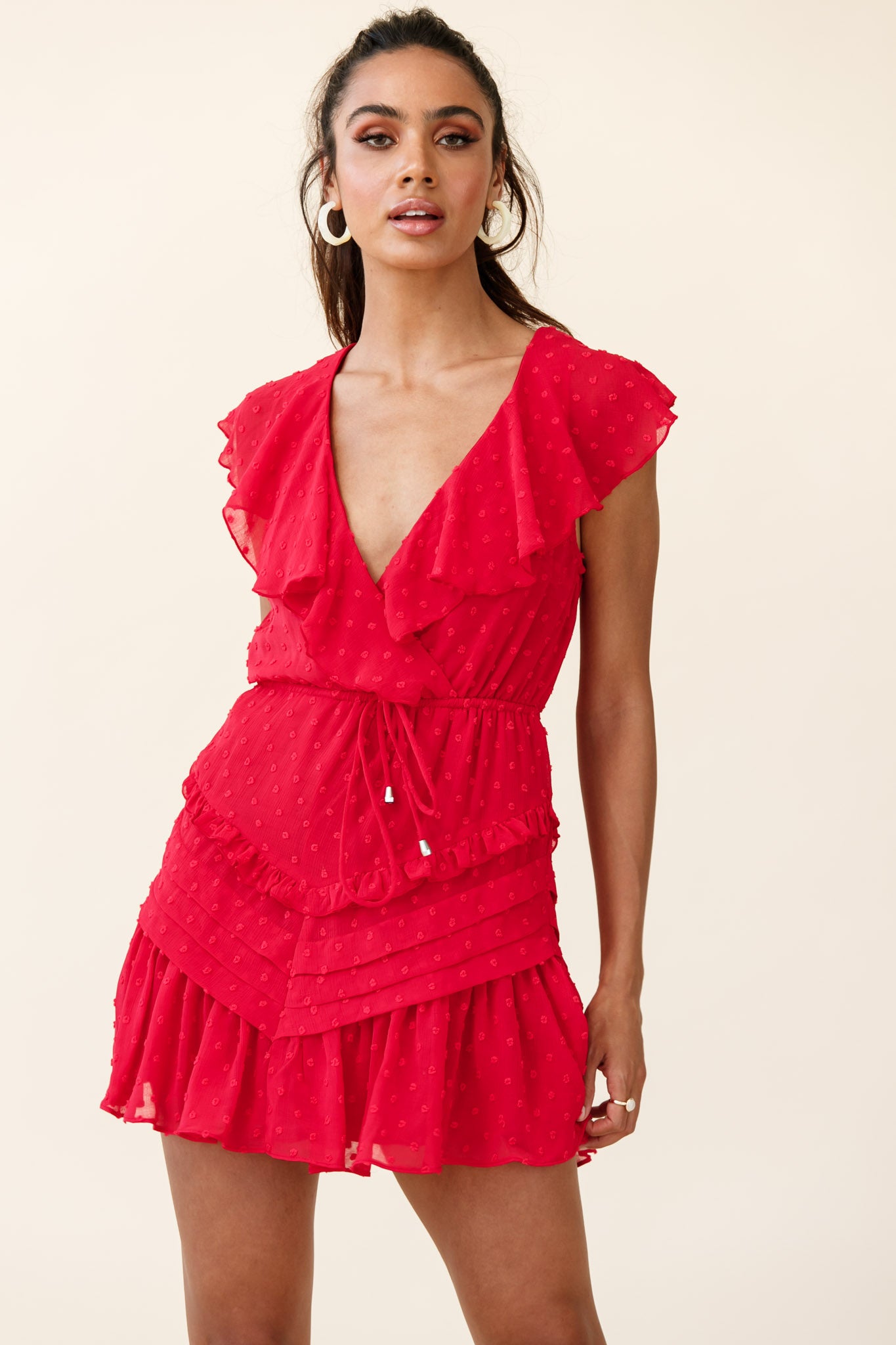 Willah Pintuck And Frill Detail Drawstring Dress Red Textured-Fable Dress