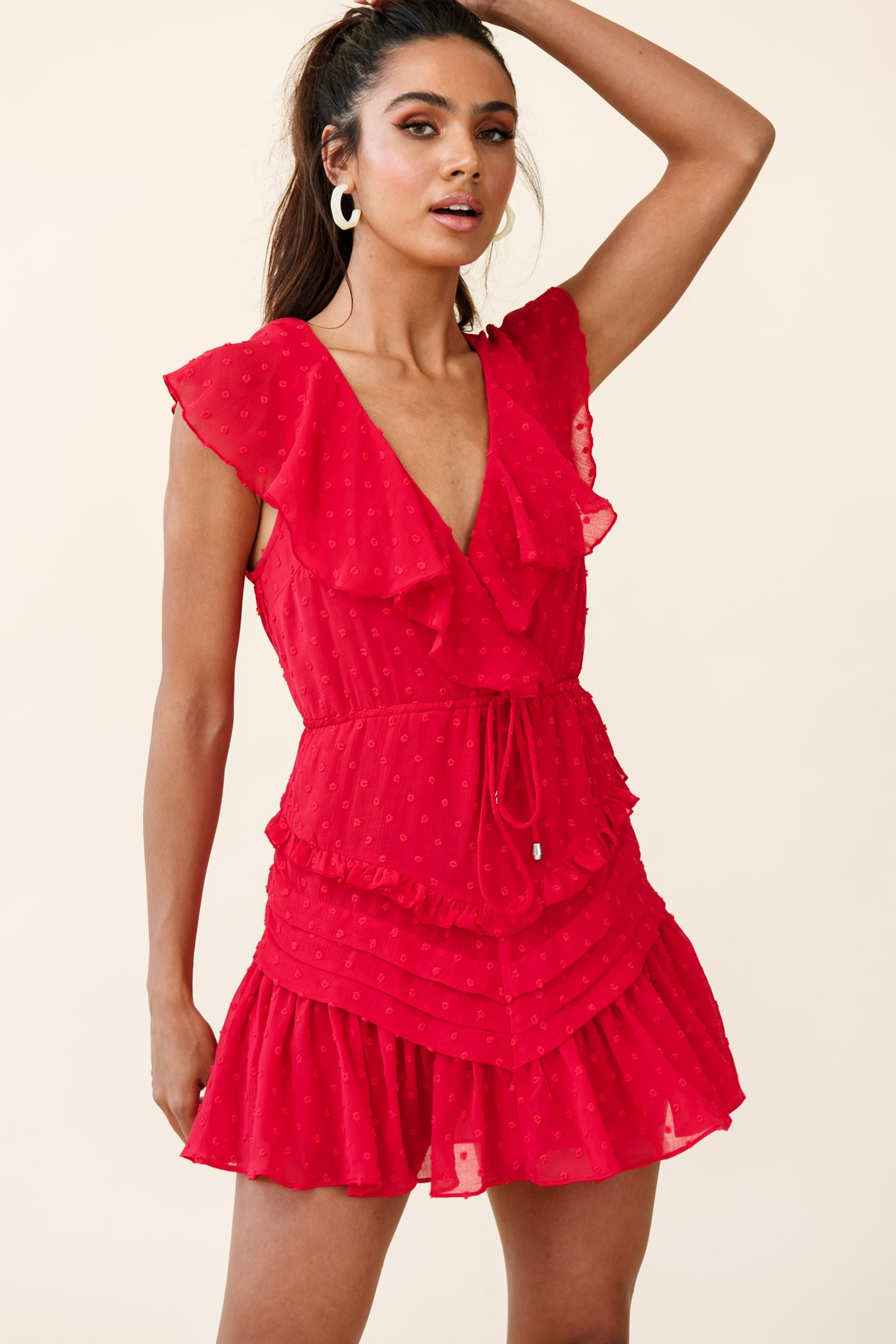 Willah Pintuck And Frill Detail Drawstring Dress Red Textured-Fable Dress
