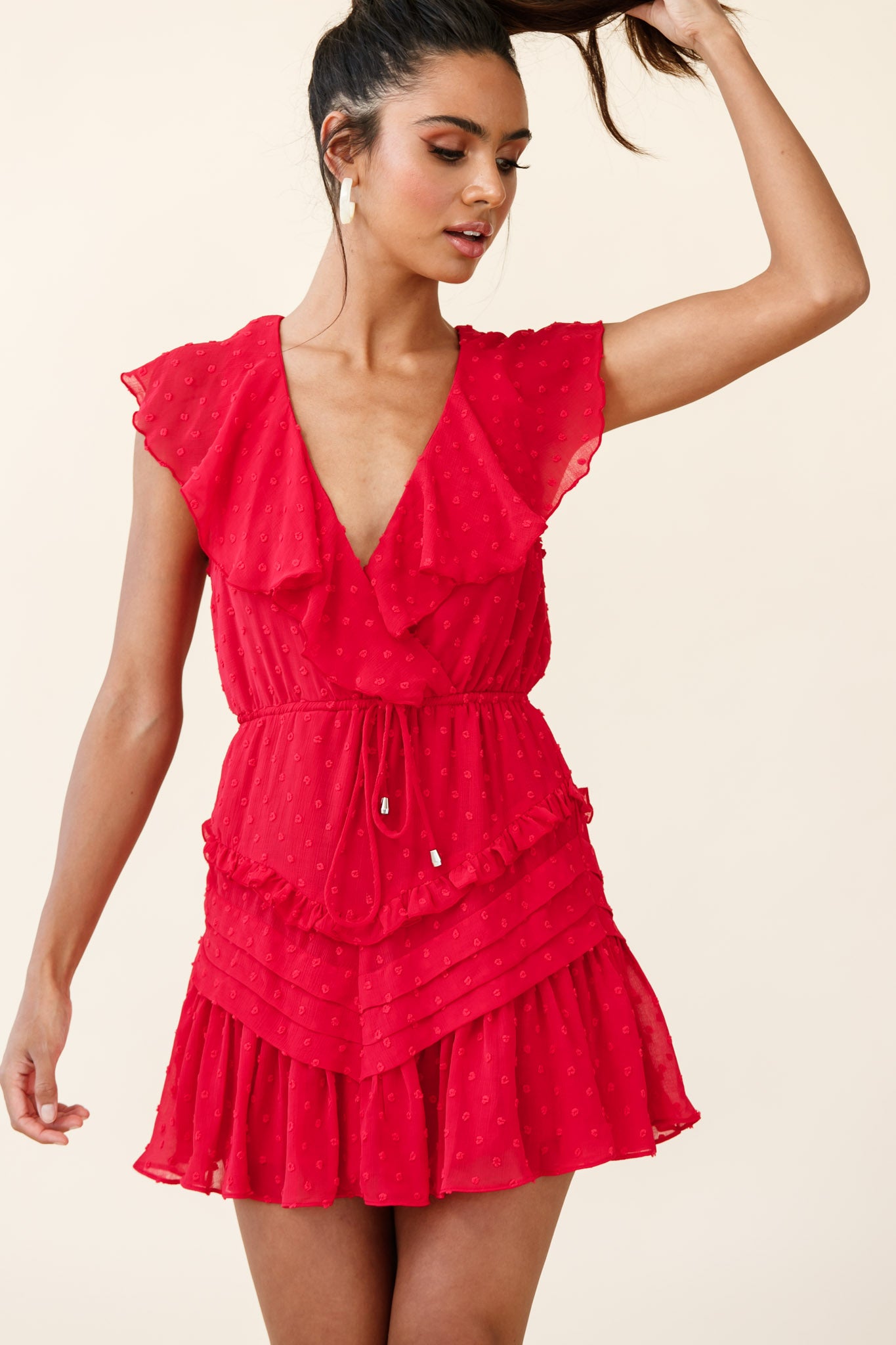 Willah Pintuck And Frill Detail Drawstring Dress Red Textured-Fable Dress
