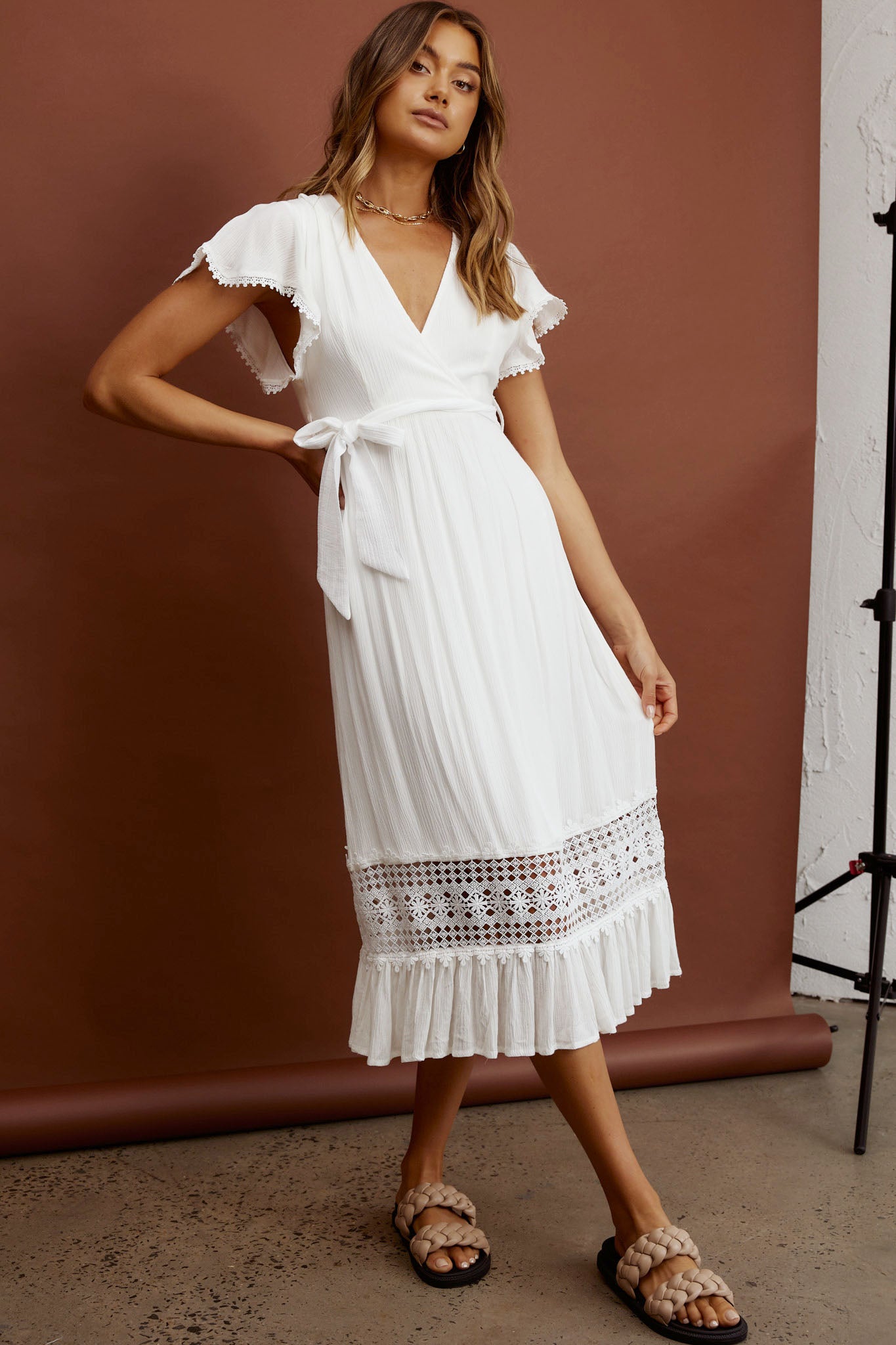 Zephyr Waist Tie Midi Dress White-Fable Dress