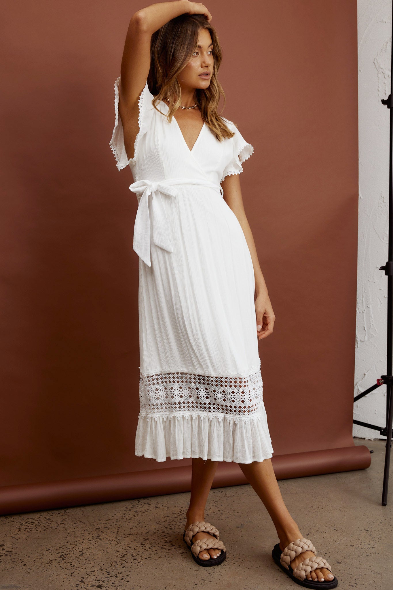 Zephyr Waist Tie Midi Dress White-Fable Dress