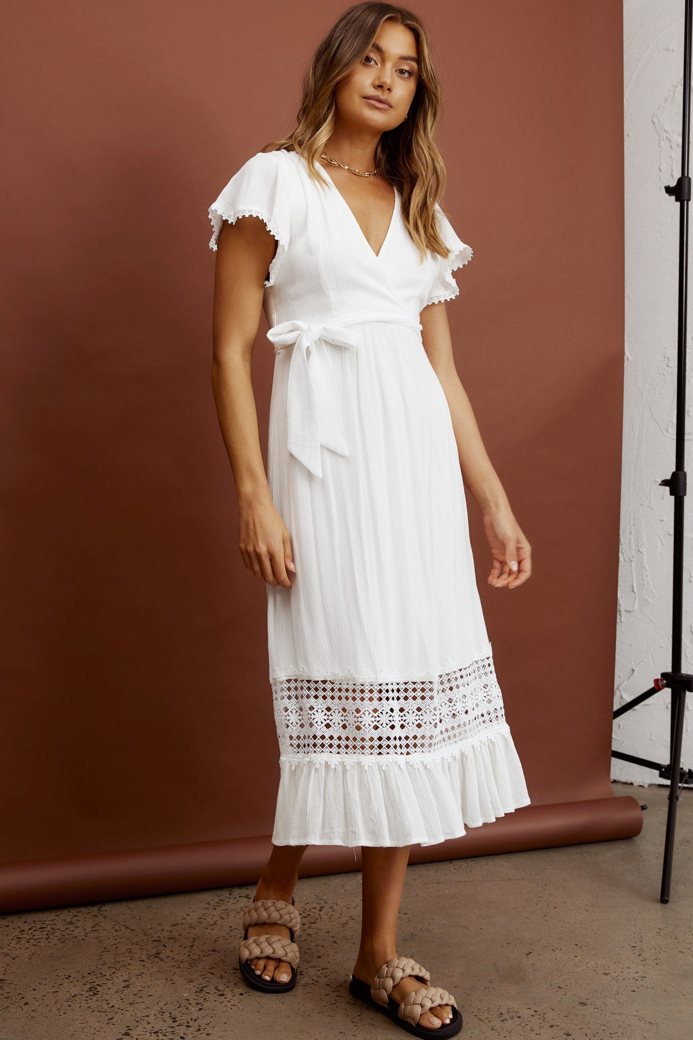 Zephyr Waist Tie Midi Dress White-Fable Dress