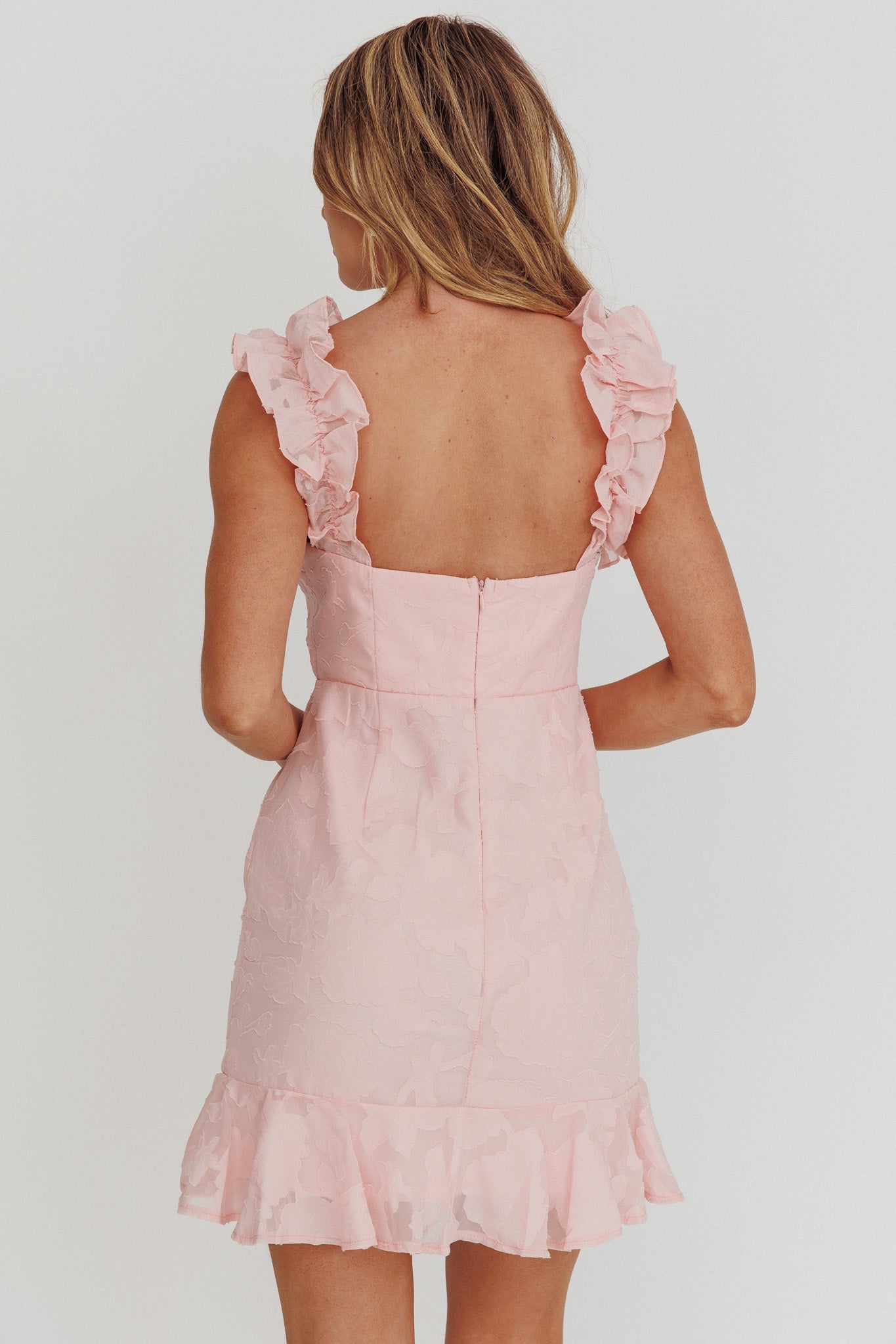 Annie Ruffle Shoulder Mini Dress Pink-Fable Dress