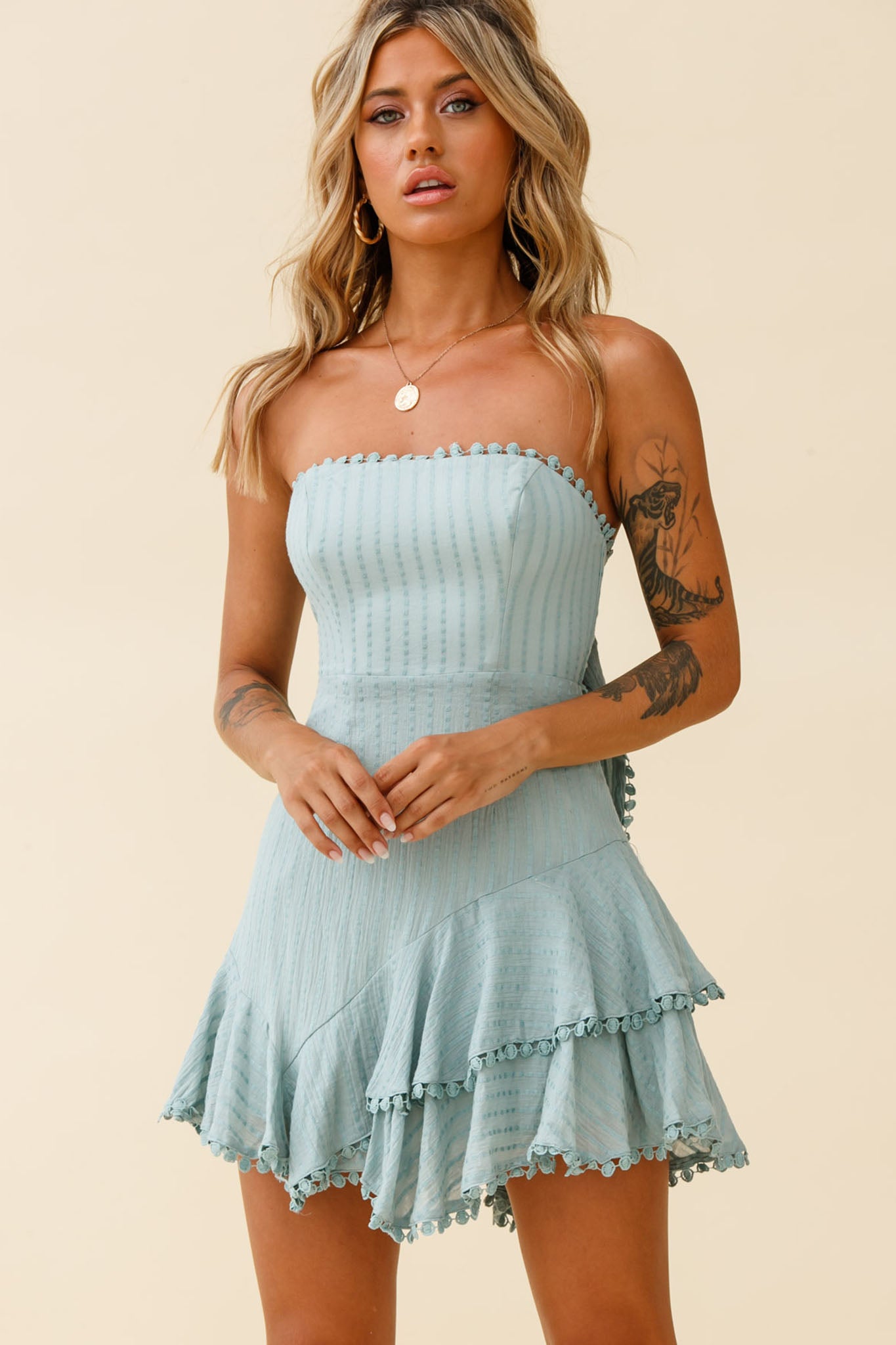 Candy Strapless Layered Ruffle Hem Dress Sage-Fable Dress