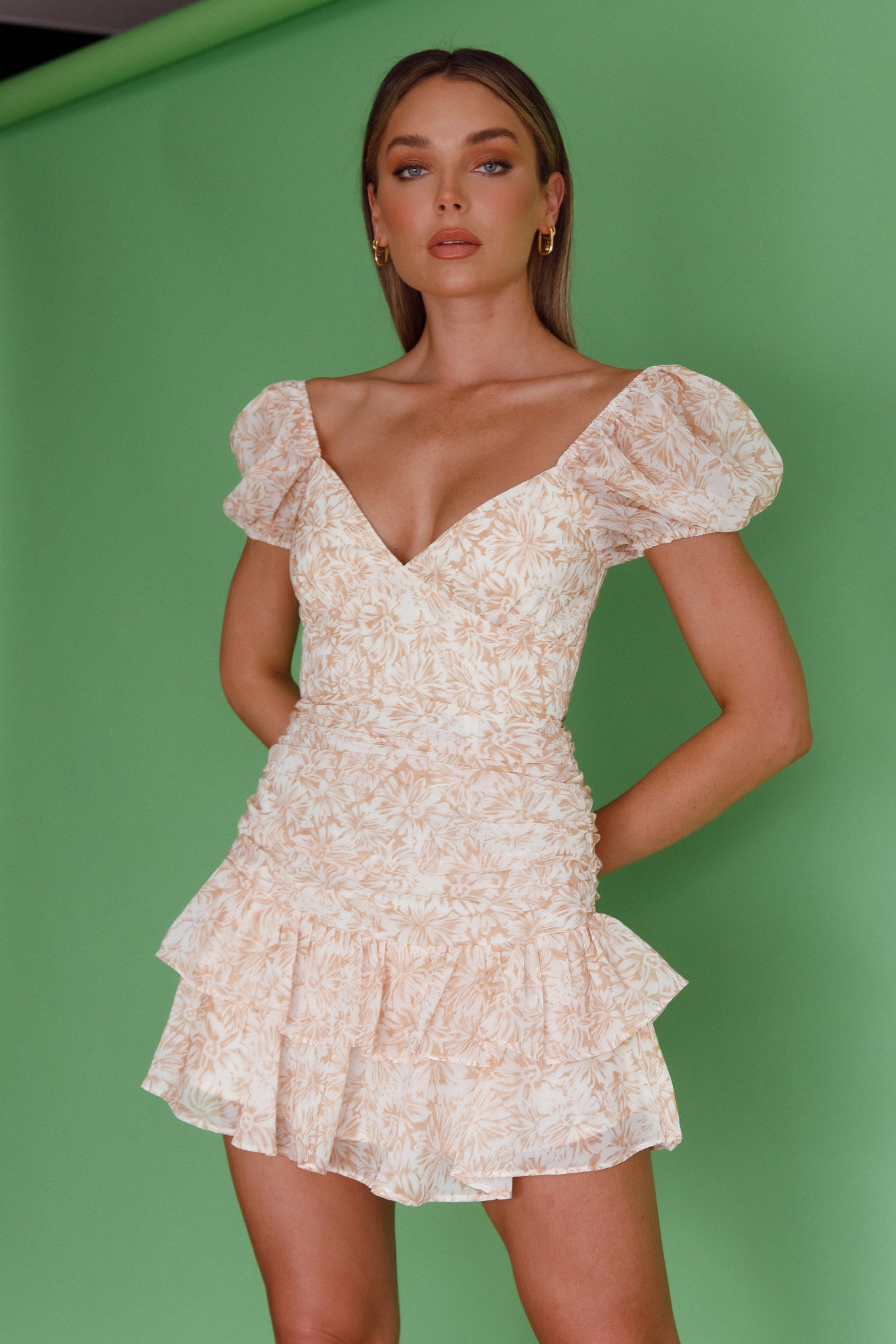 Annabella Puff Sleeve Tied Back Frill Hem Dress Floral Print Orange-Fable Dress