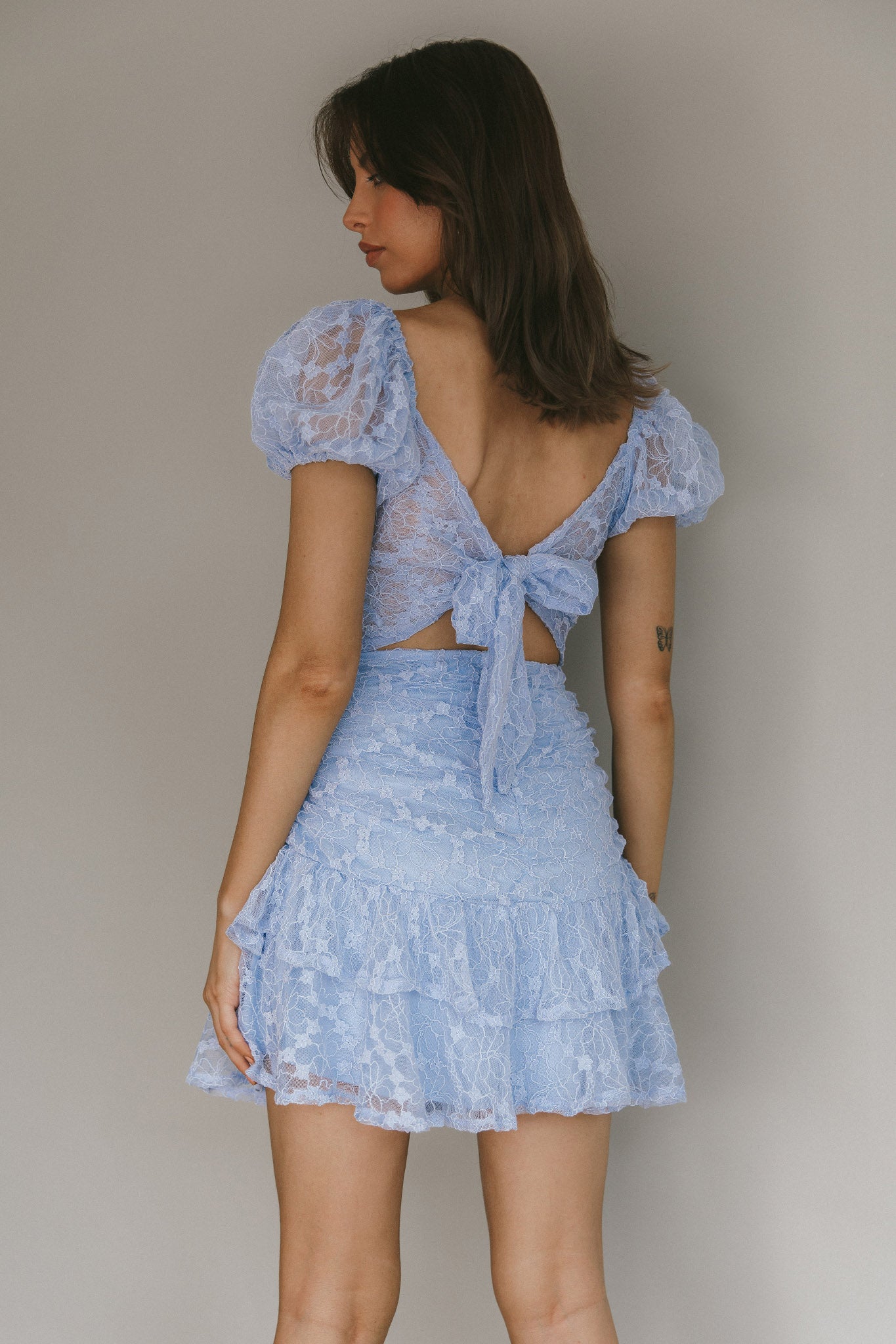 Annabella Puff Sleeve Tied Back Lace Dress Blue-Fable Dress