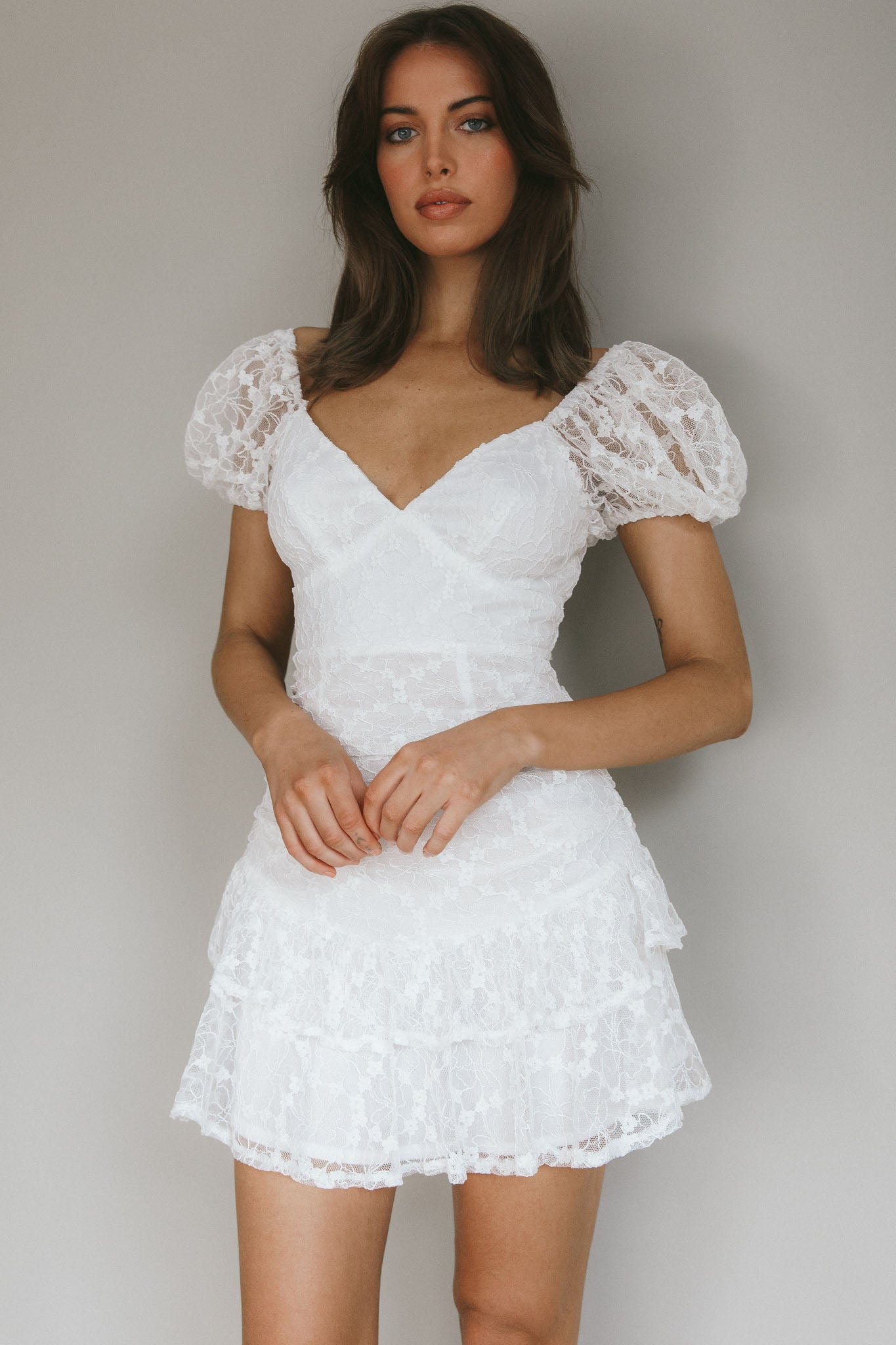 Annabella Puff Sleeve Tied Back Lace Dress White-Fable Dress