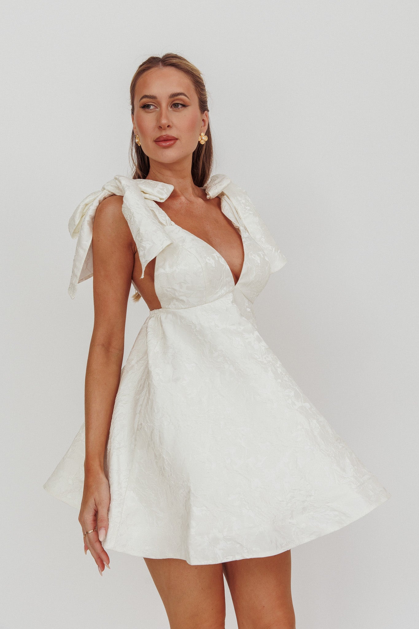 Chantilly Tied Shoulder Jacquard Mini Dress White-Fable Dress