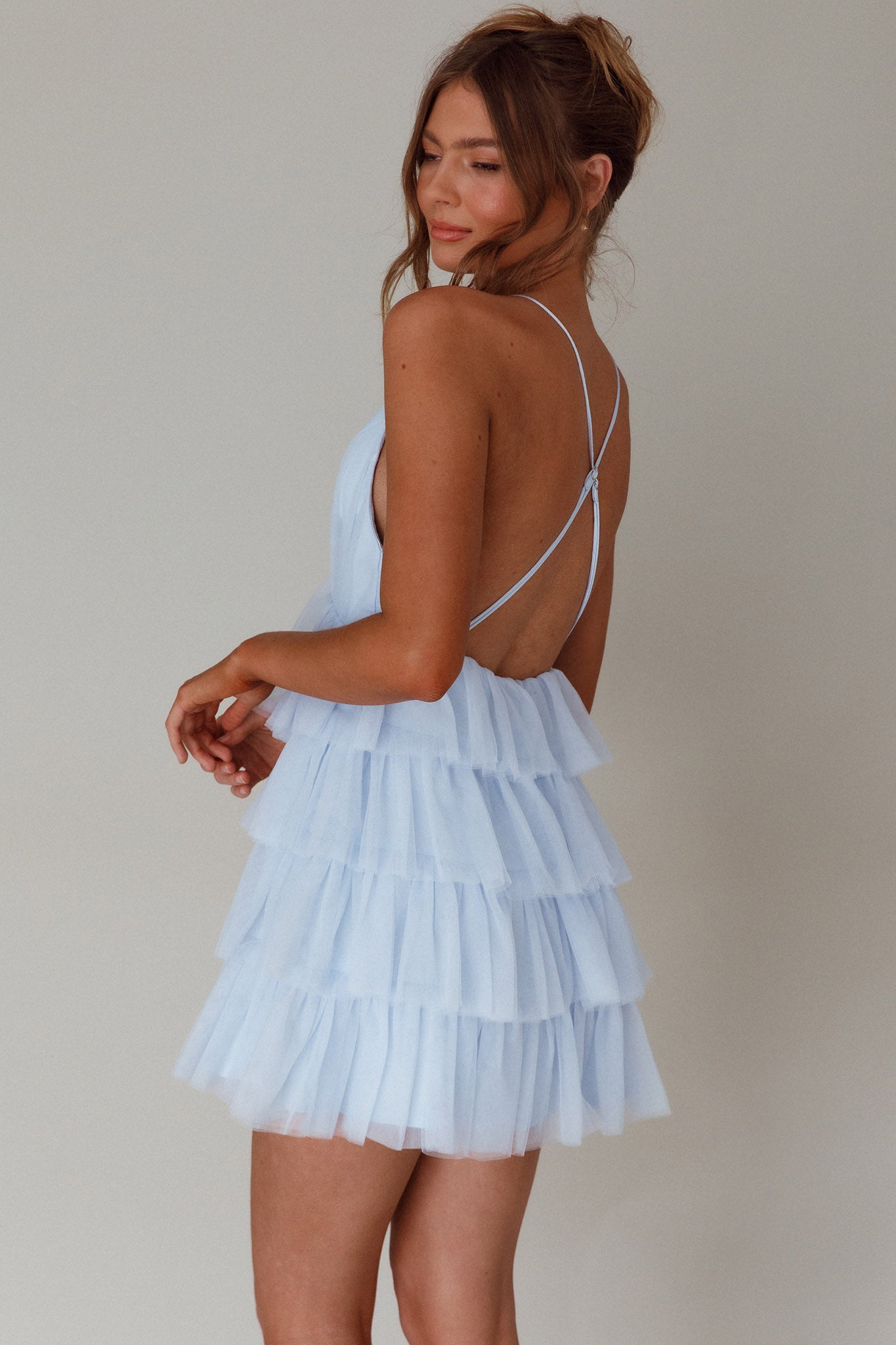 Auguste Tiered Frill Mini Dress Sky Blue-Fable Dress