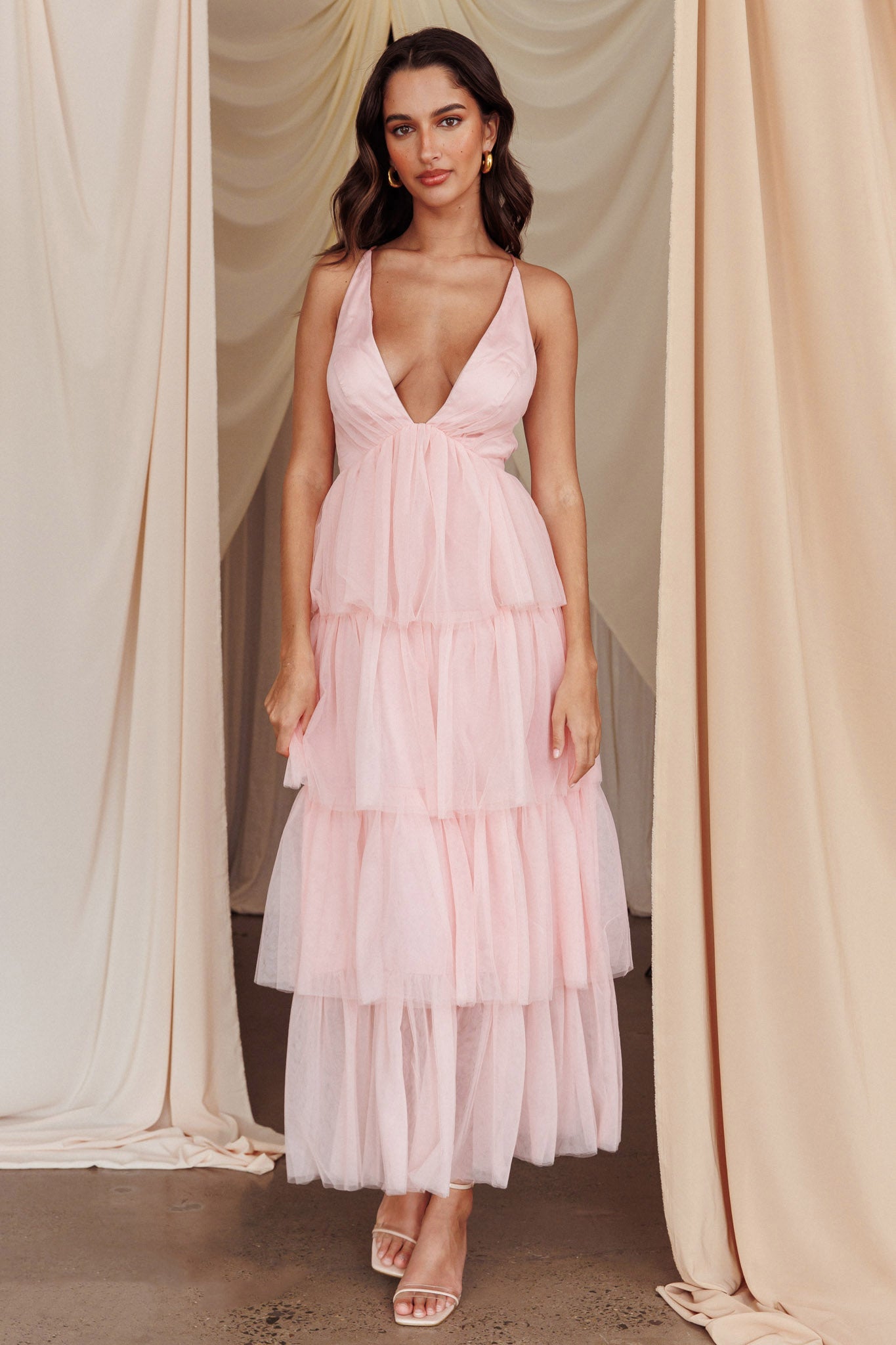 Auguste Tiered Frill Midi Dress Blush-Fable Dress