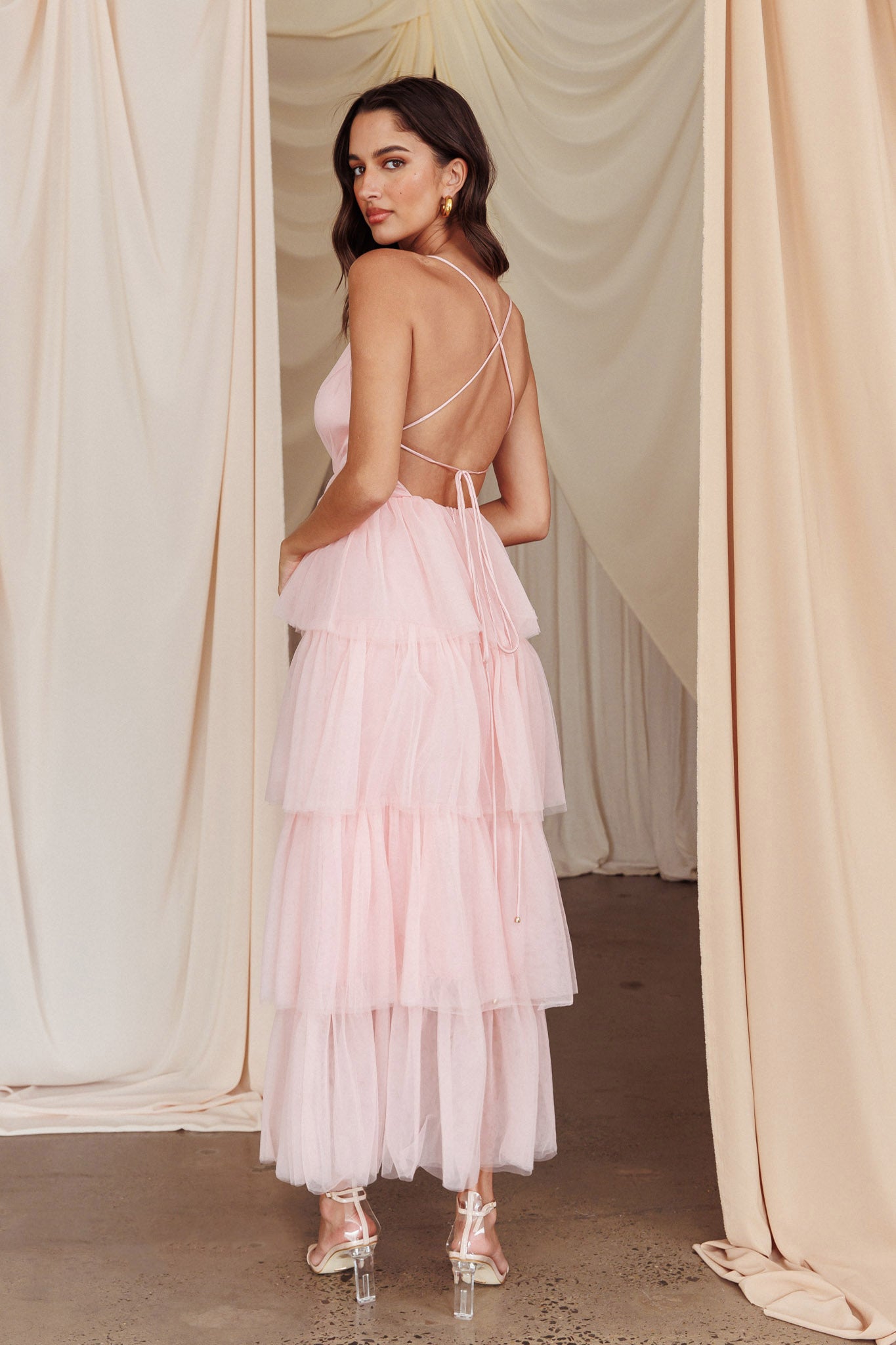 Auguste Tiered Frill Midi Dress Blush-Fable Dress