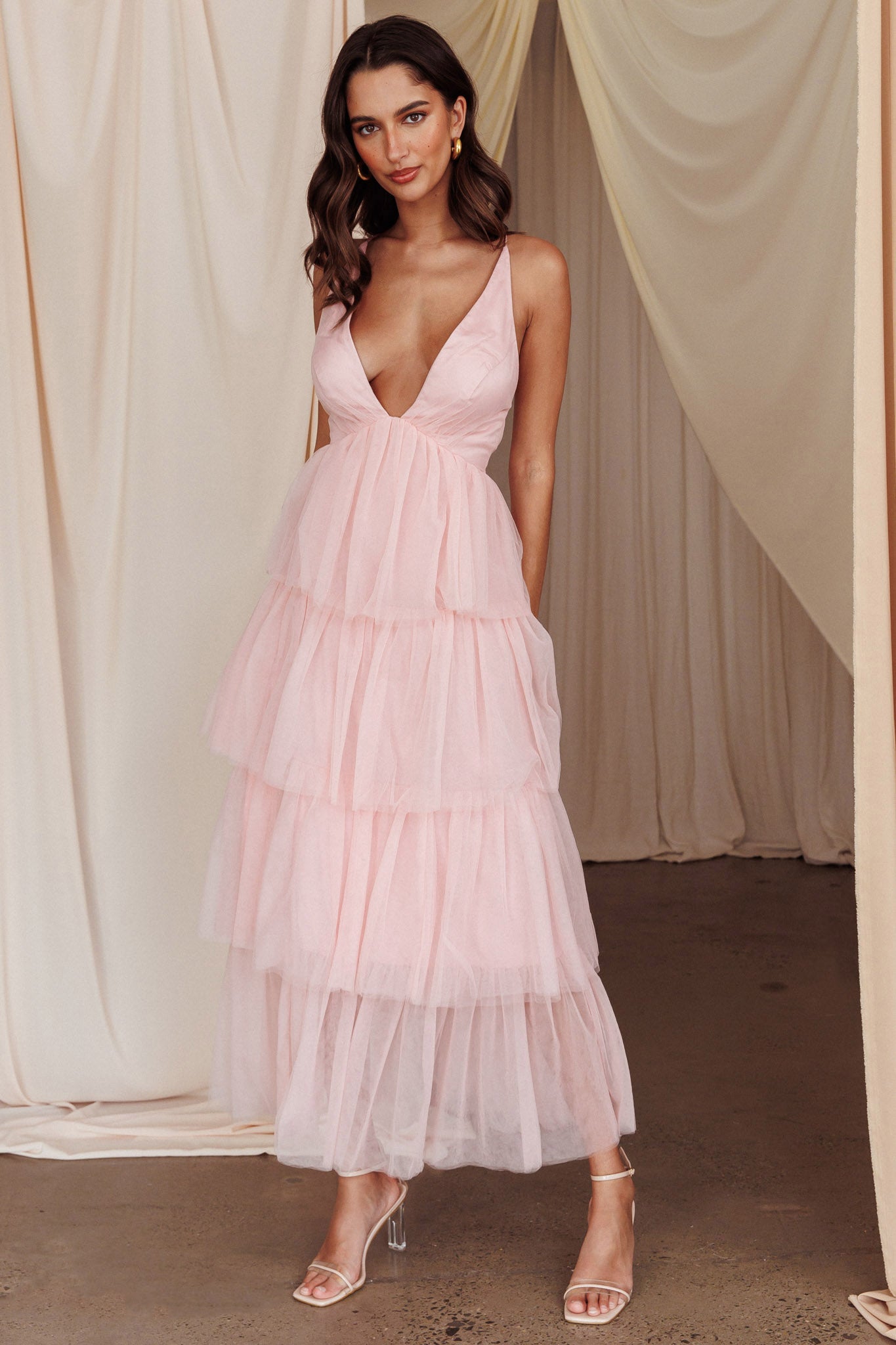 Auguste Tiered Frill Midi Dress Blush-Fable Dress