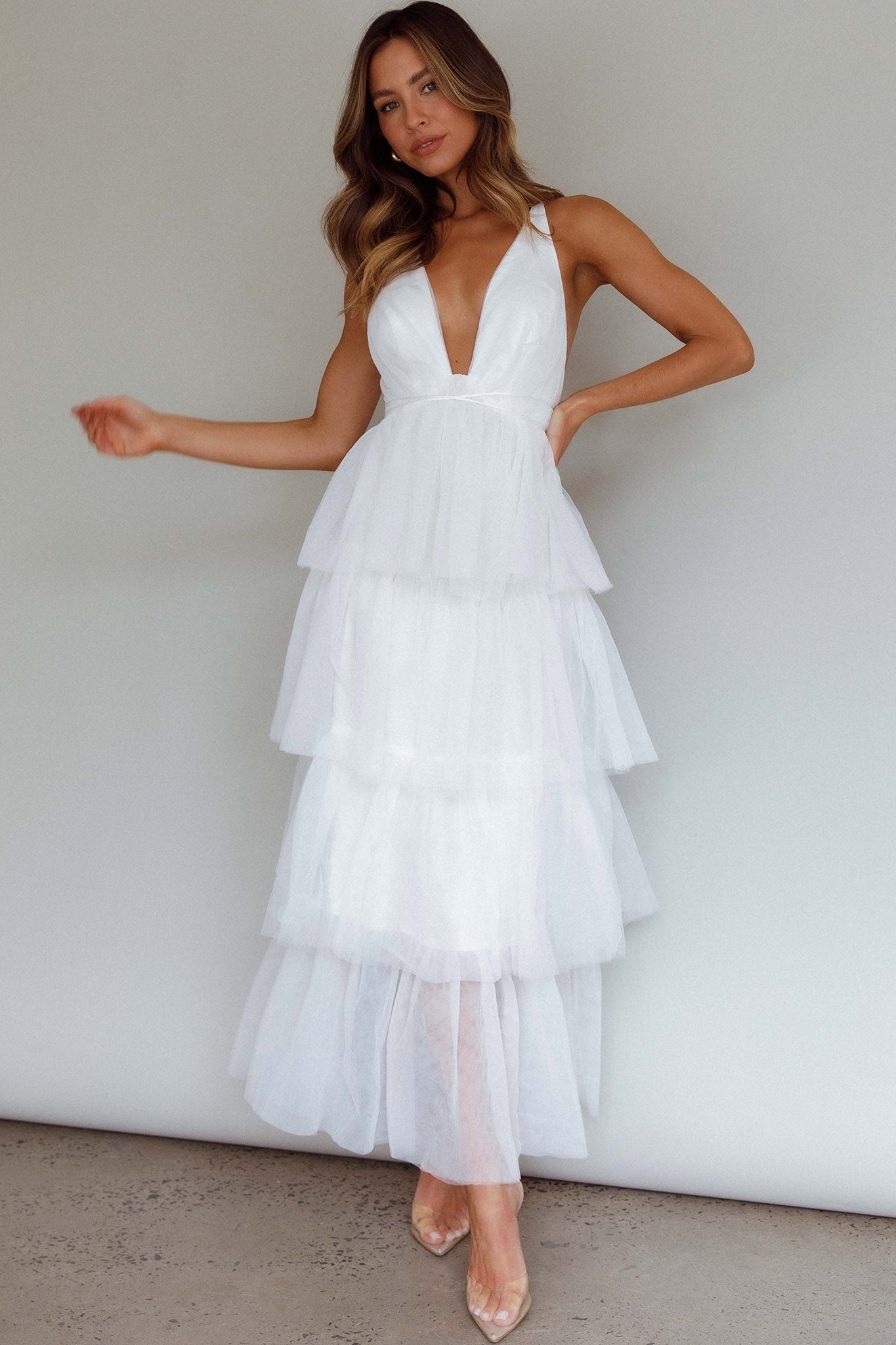 Auguste Tiered Frill Midi Dress White-Fable Dress