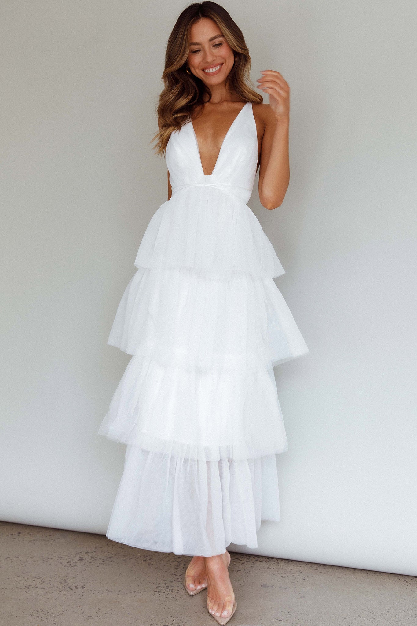 Auguste Tiered Frill Midi Dress White-Fable Dress