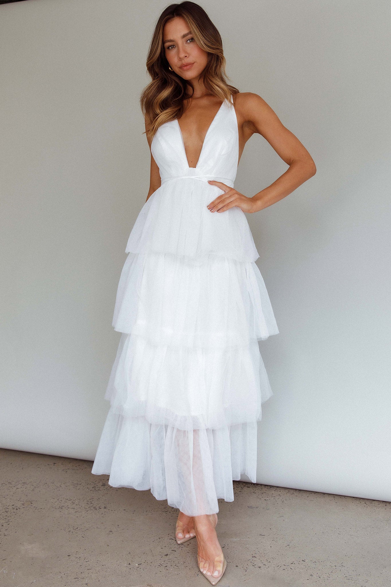 Auguste Tiered Frill Midi Dress White-Fable Dress