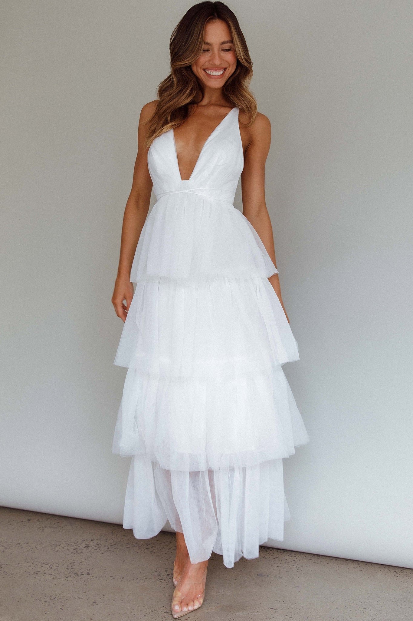 Auguste Tiered Frill Midi Dress White-Fable Dress