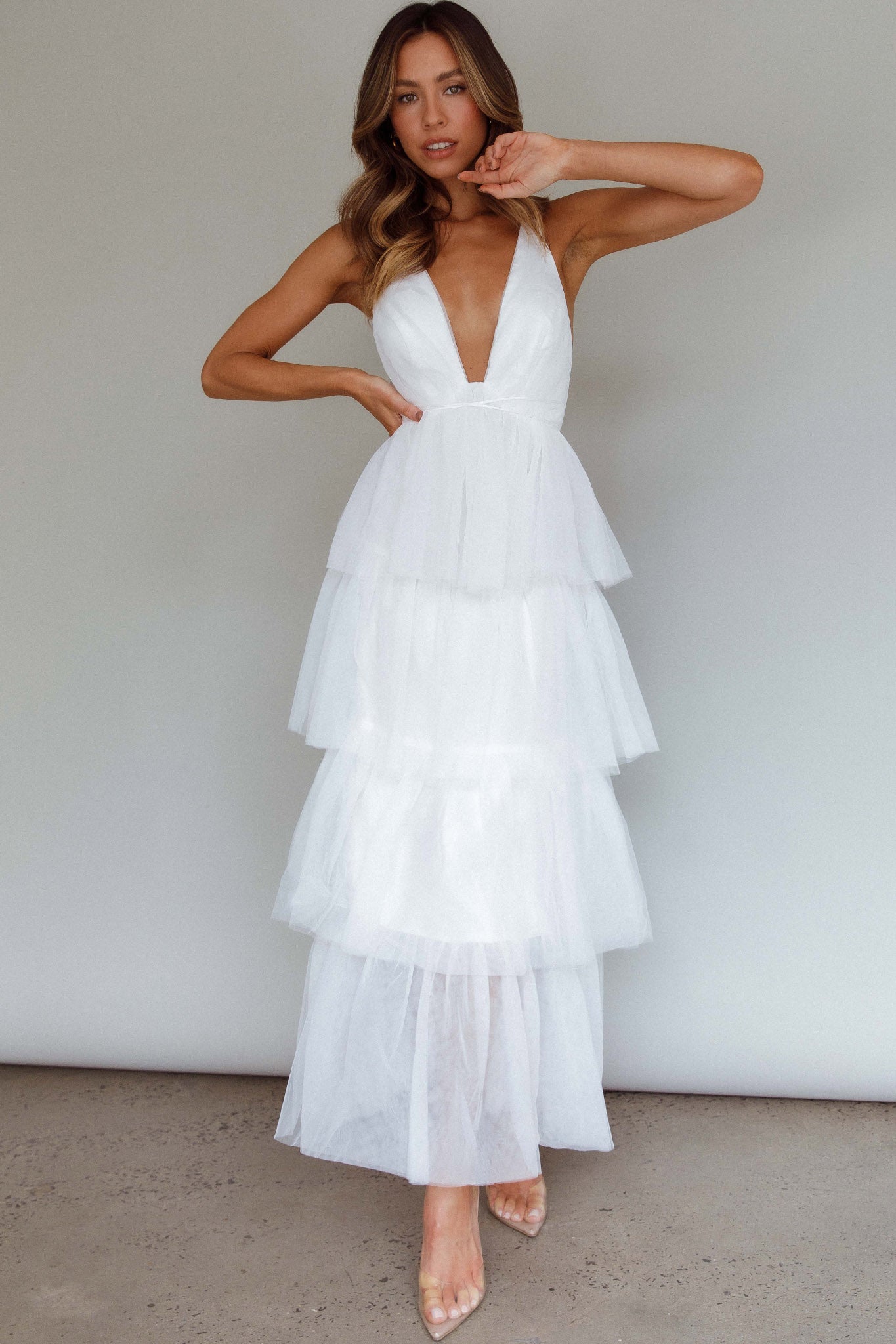 Auguste Tiered Frill Midi Dress White-Fable Dress