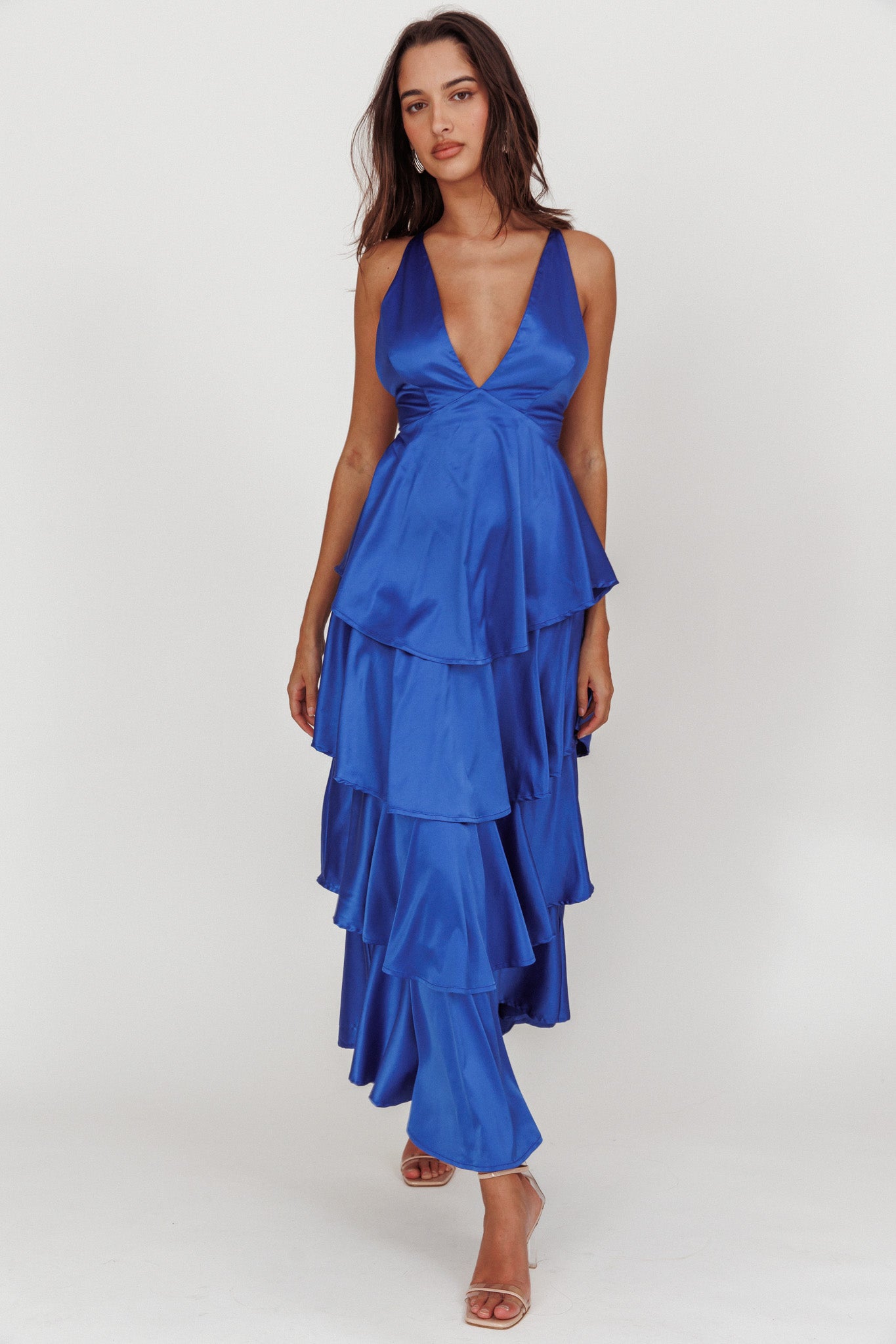 Auguste Tiered Frill Strappy Back Dress Electric Blue-Fable Dress