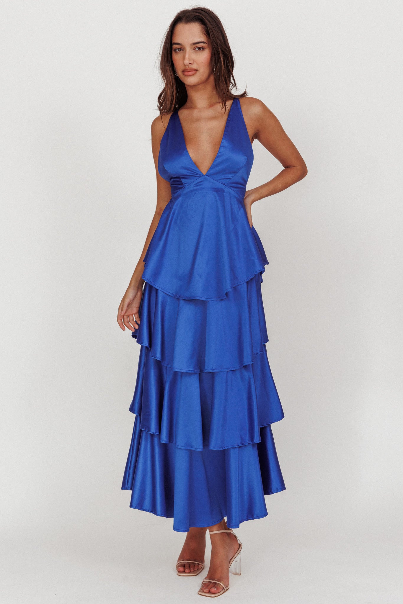 Auguste Tiered Frill Strappy Back Dress Electric Blue-Fable Dress