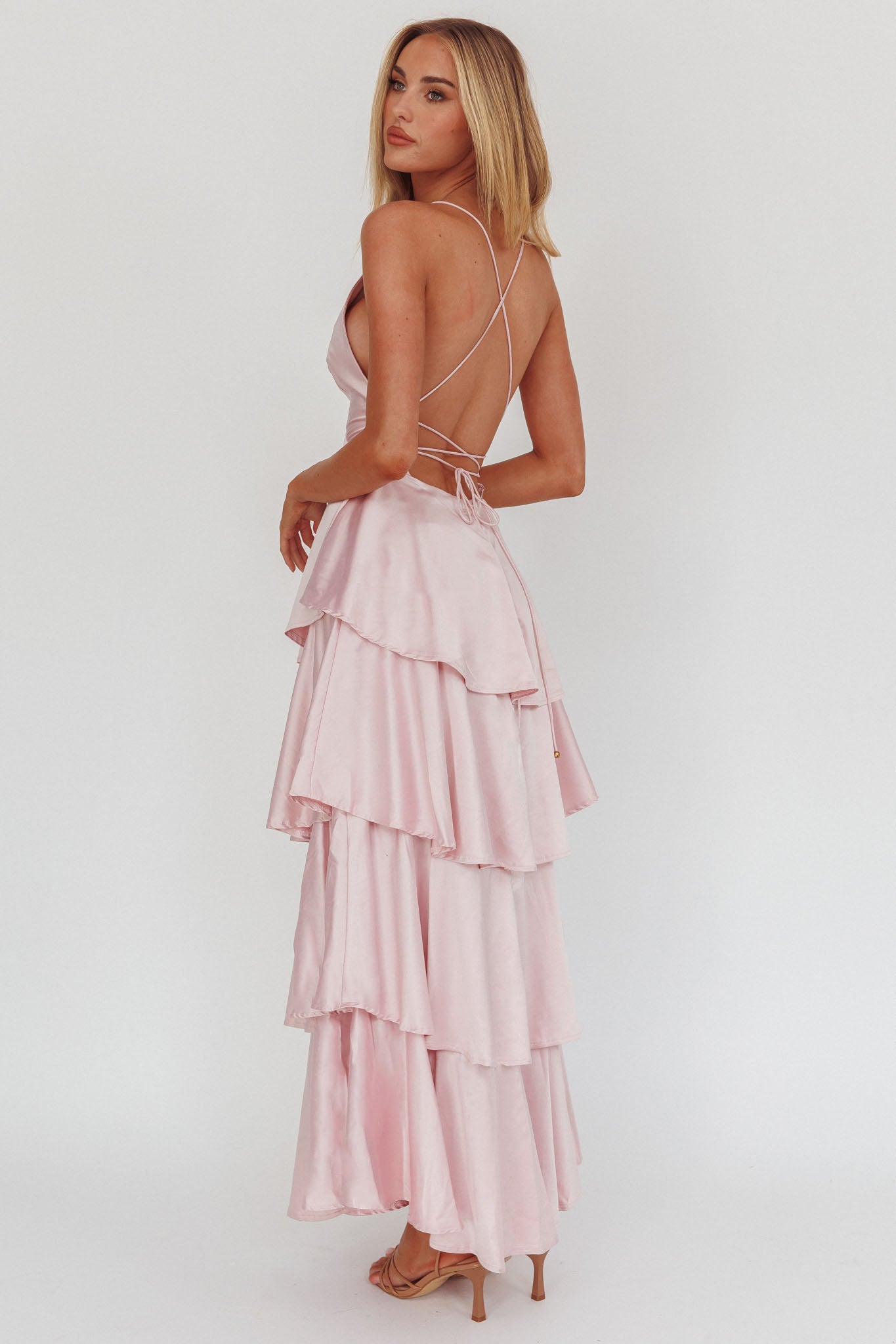 Auguste Tiered Frill Strappy Back Dress Blush-Fable Dress