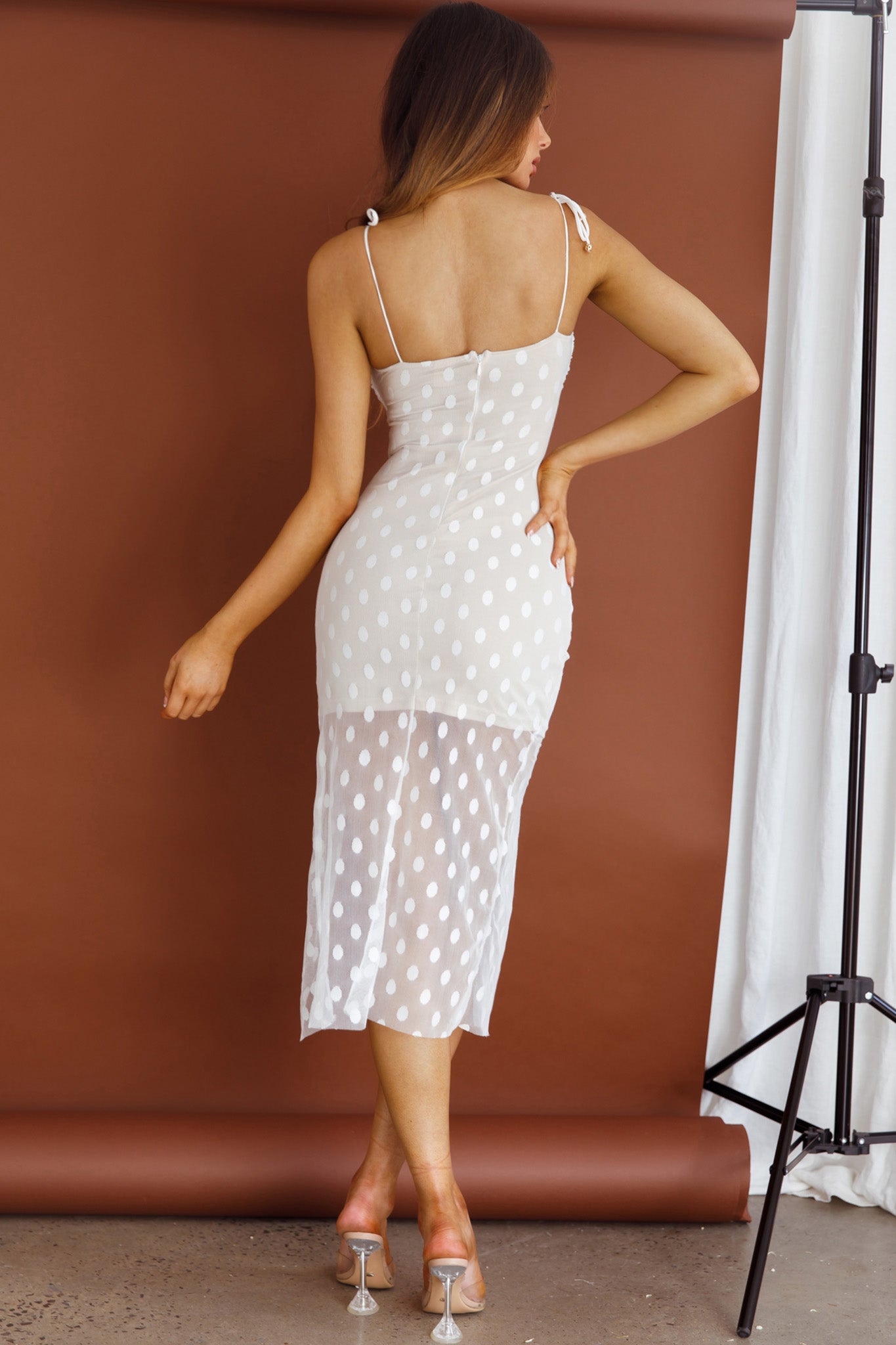 First Avenue Tied Strap Mesh Midi Dress Polka Dot White-Fable Dress