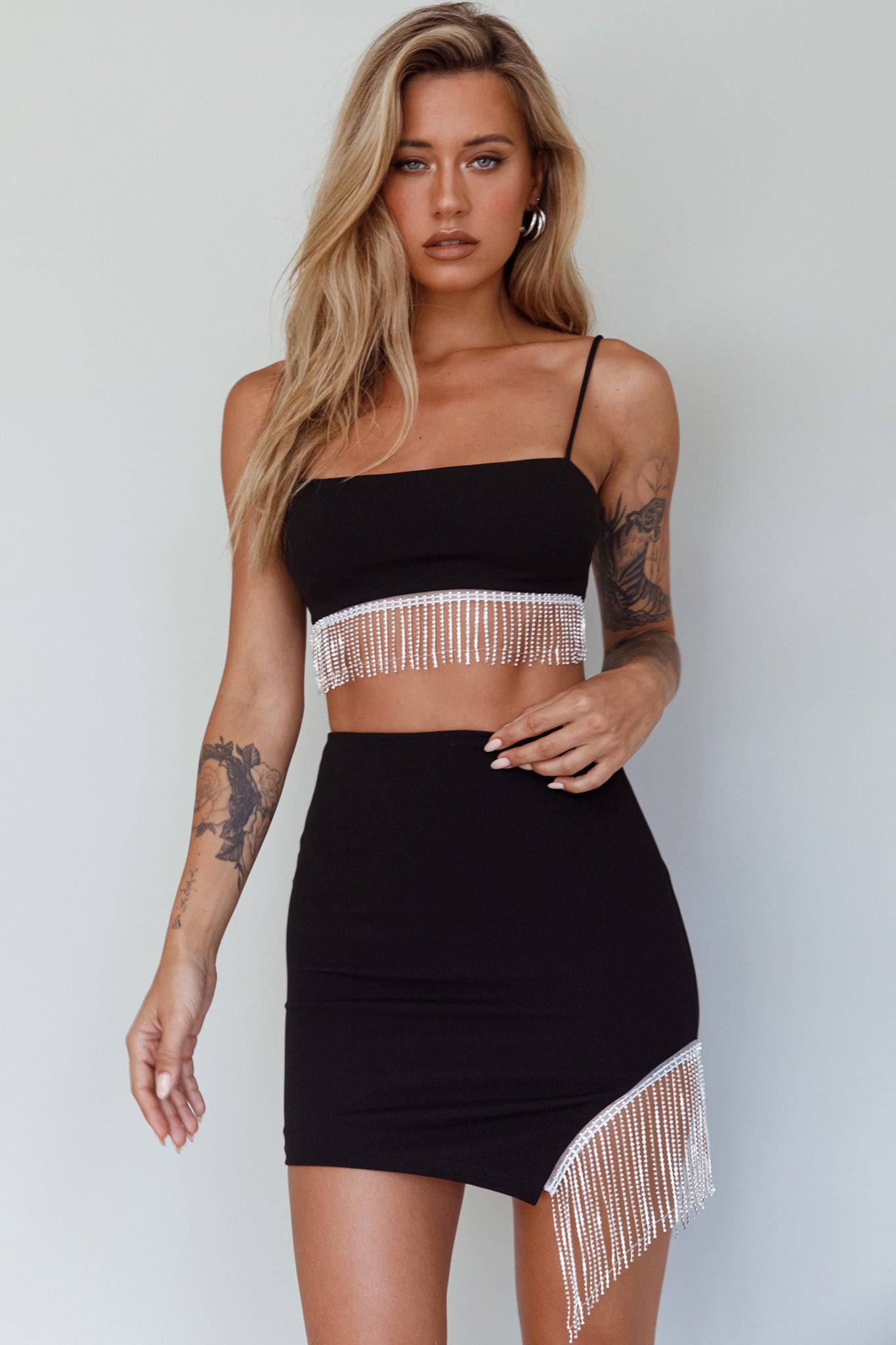 Call On Me Diamante Fringe Mini Skirt Black-Fable Dress