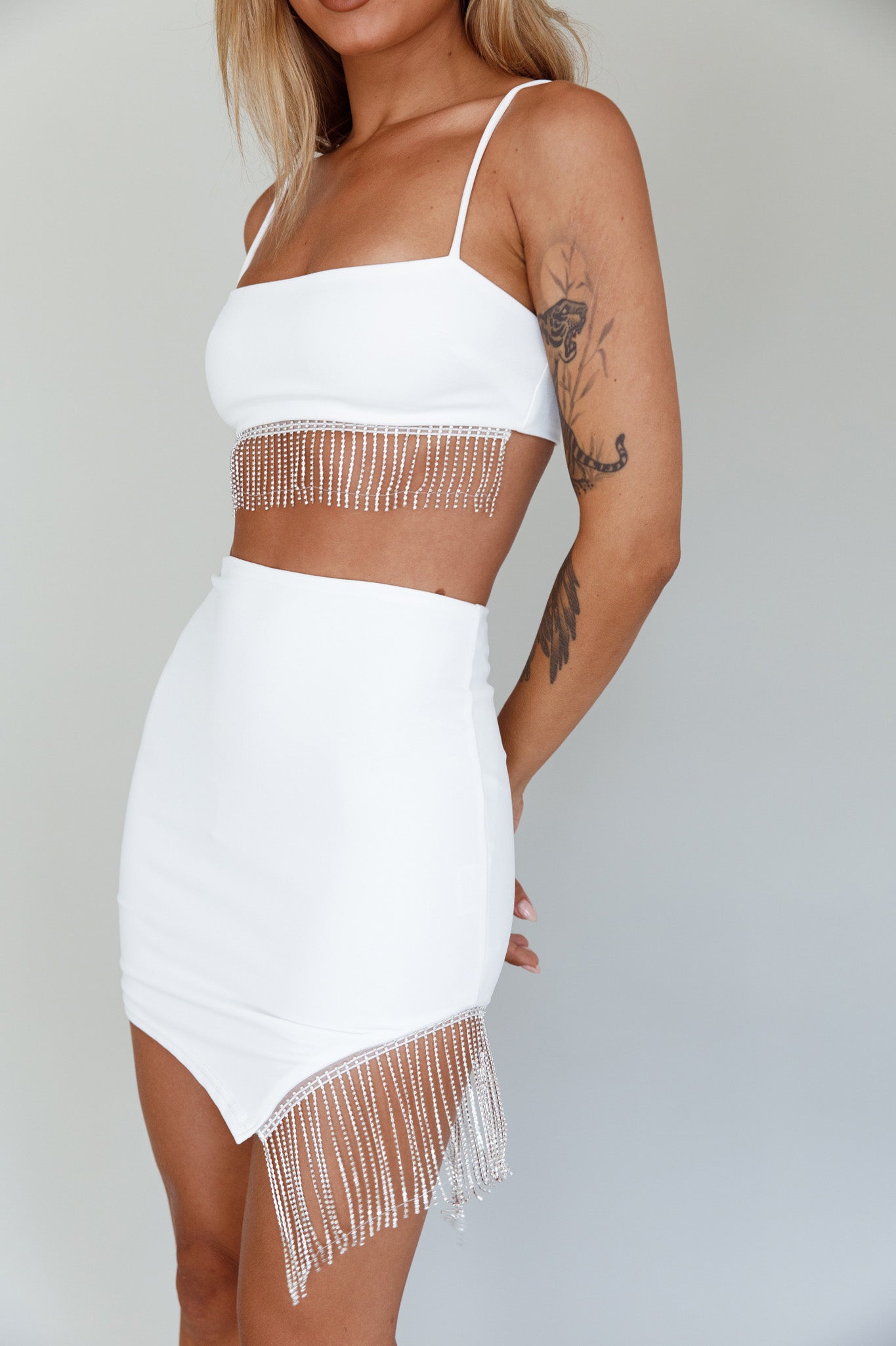 Call On Me Diamante Fringe Mini Skirt White-Fable Dress