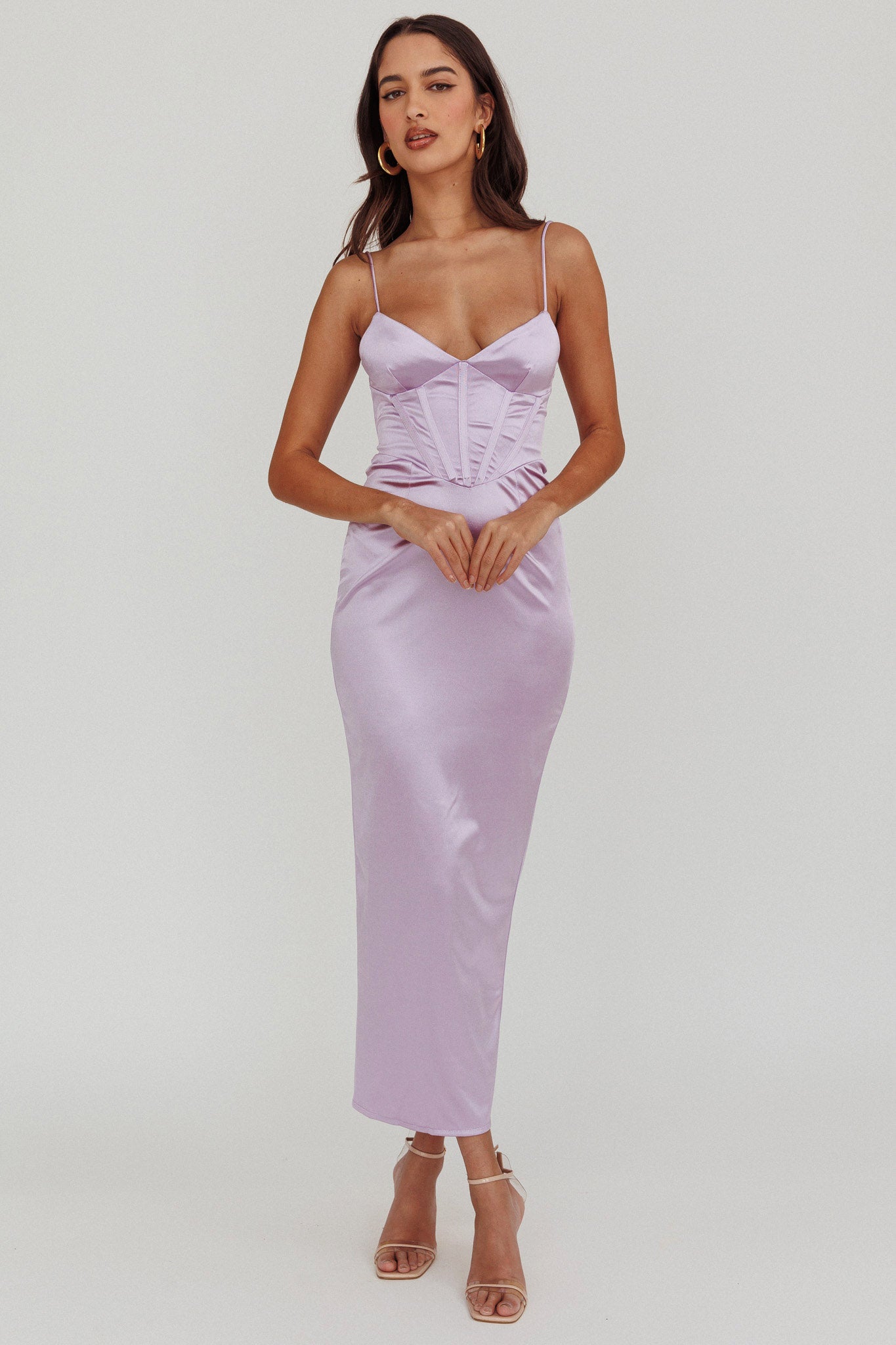 Seraya Lace-Up Back Satin Maxi Dress Lilac-Fable Dress