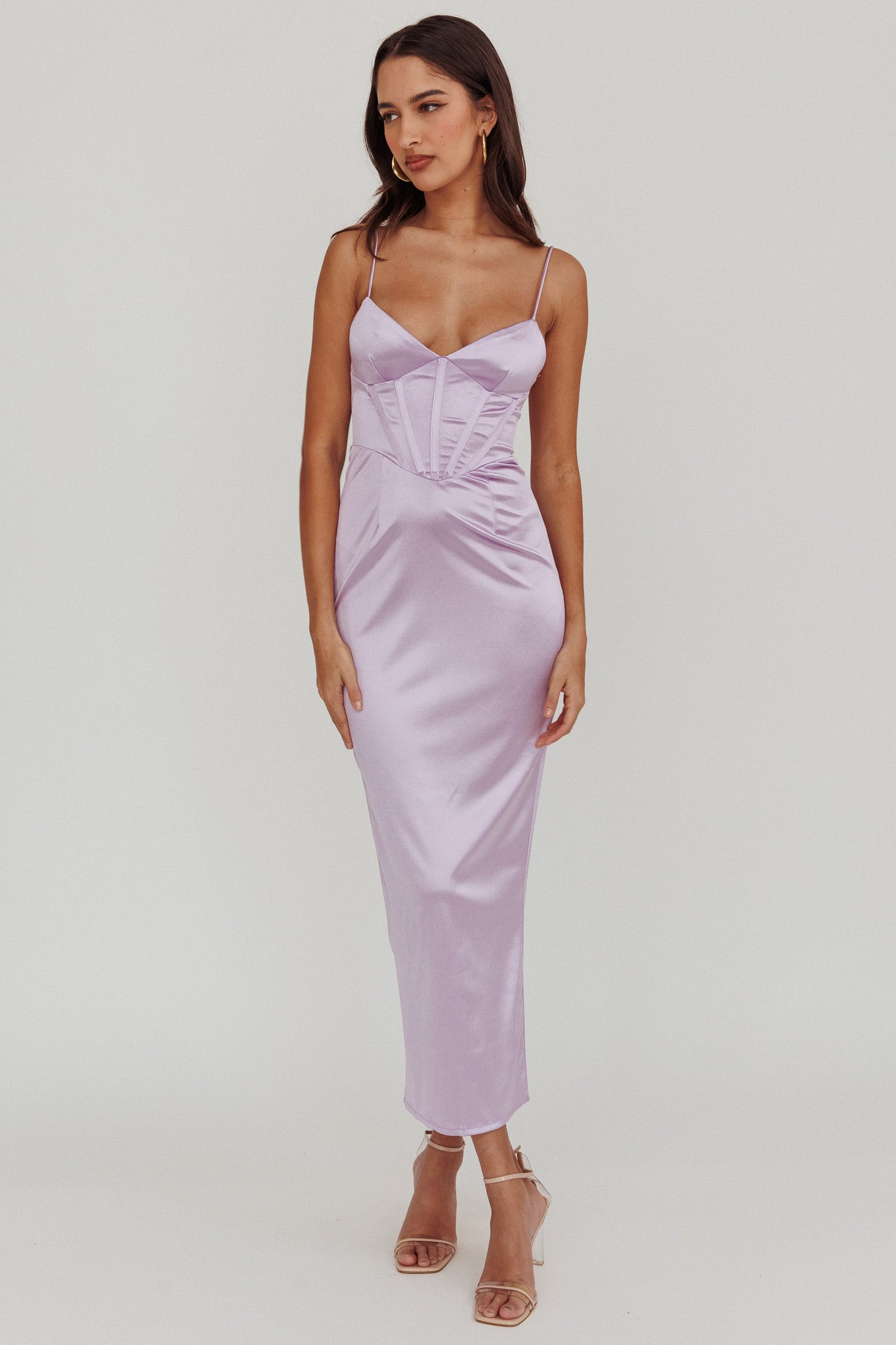 Seraya Lace-Up Back Satin Maxi Dress Lilac-Fable Dress
