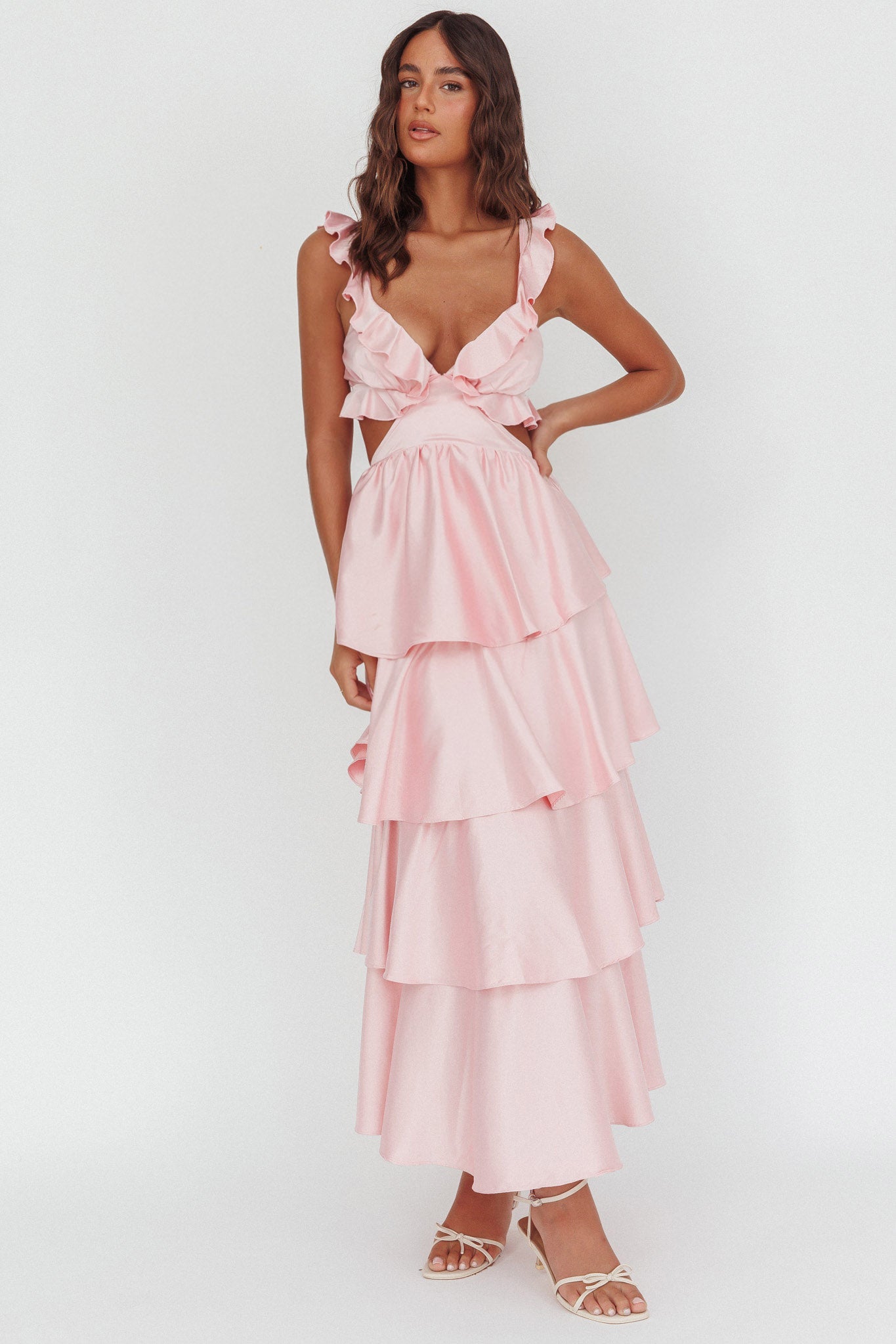 Catalina Tiered Ruffle Cut-Out Maxi Dress Blush-Fable Dress
