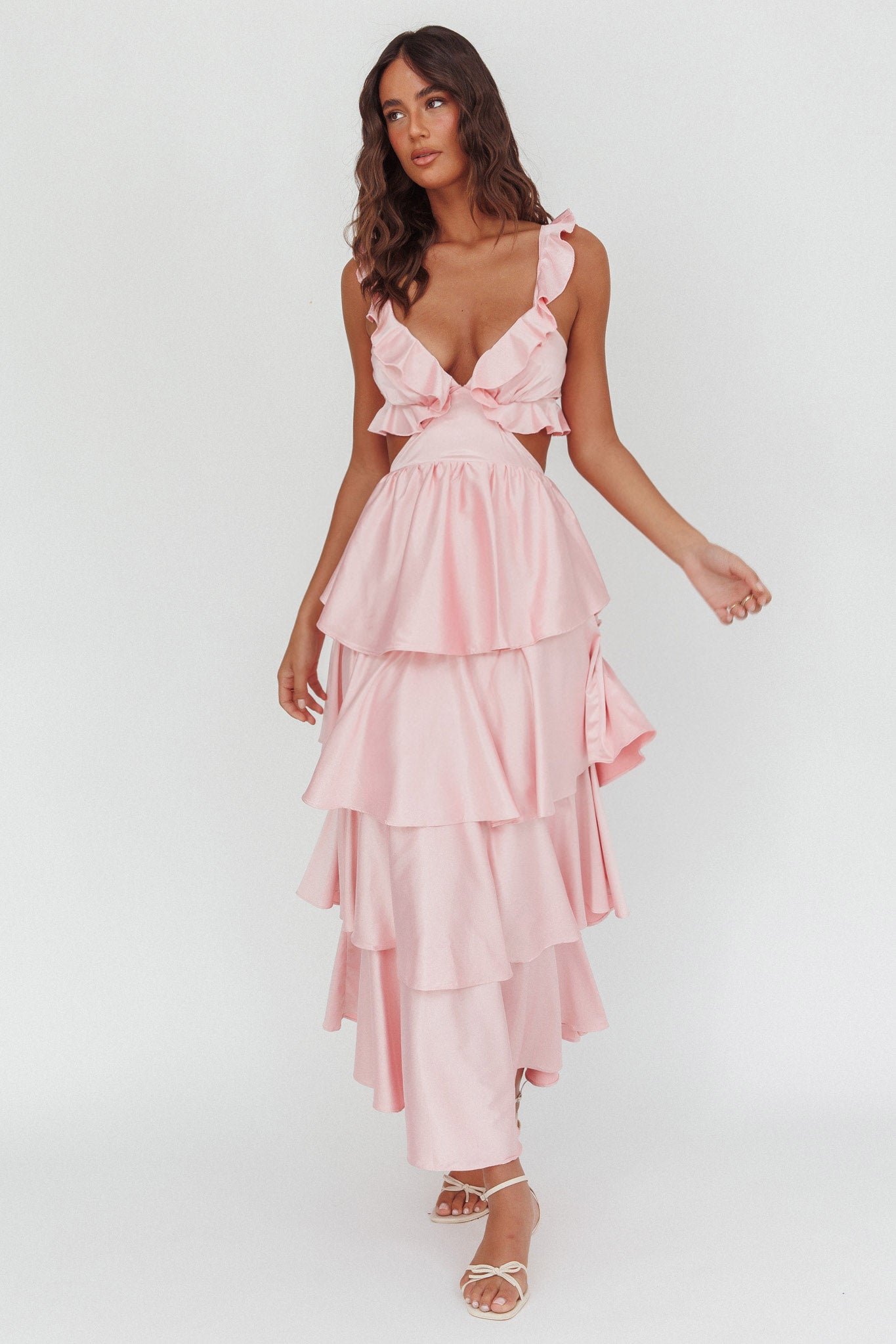 Catalina Tiered Ruffle Cut-Out Maxi Dress Blush-Fable Dress