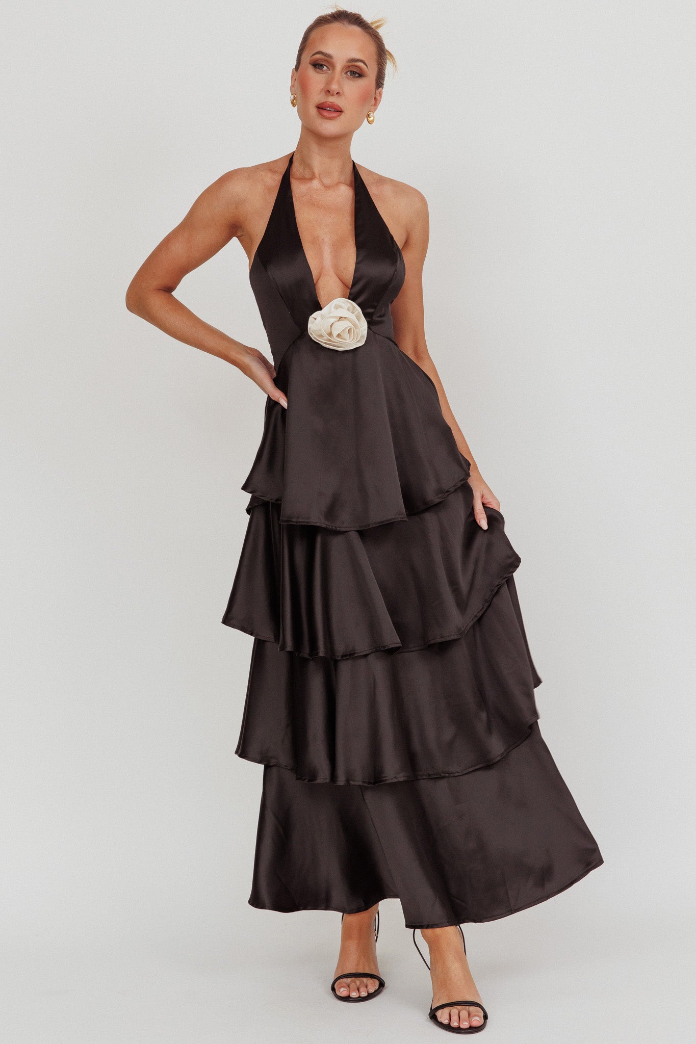 Catalina Tiered Ruffle Rosette Maxi Dress Black-Fable Dress