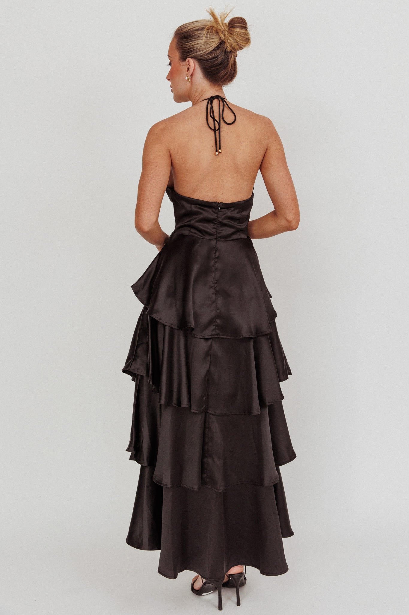 Catalina Tiered Ruffle Rosette Maxi Dress Black-Fable Dress