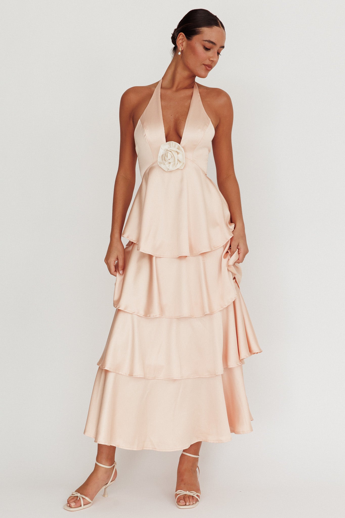Catalina Tiered Ruffle Rosette Maxi Dress Peach-Fable Dress