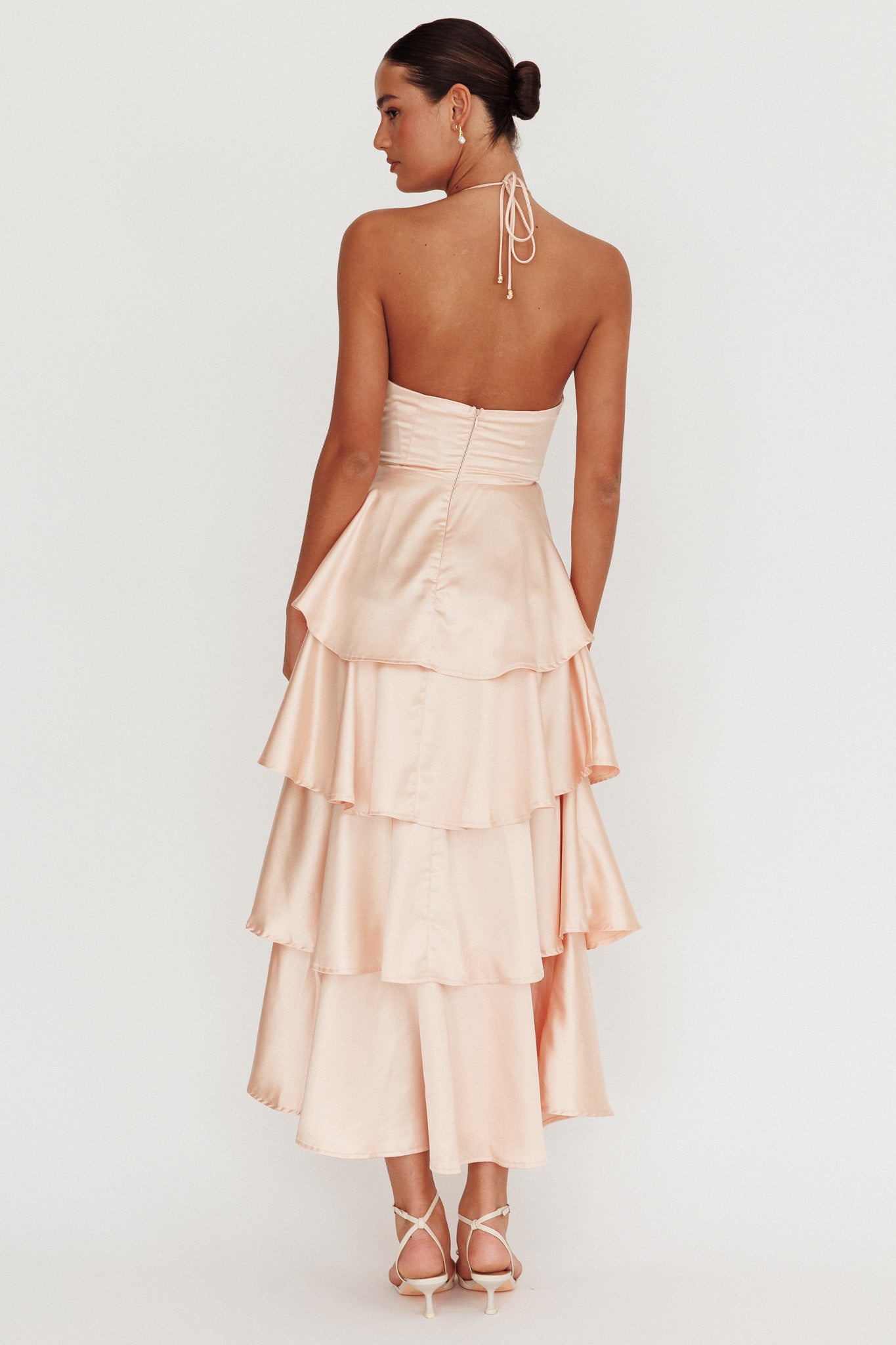 Catalina Tiered Ruffle Rosette Maxi Dress Peach-Fable Dress