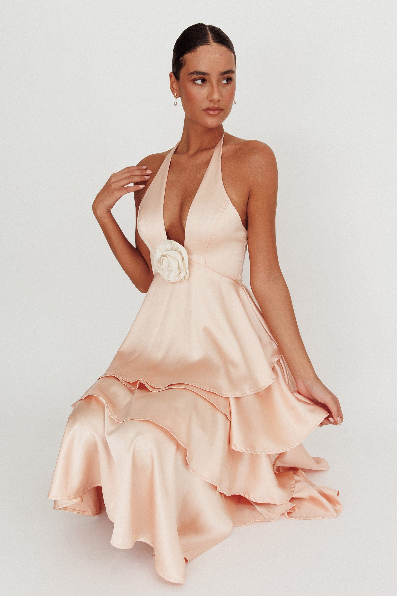 Catalina Tiered Ruffle Rosette Maxi Dress Peach-Fable Dress