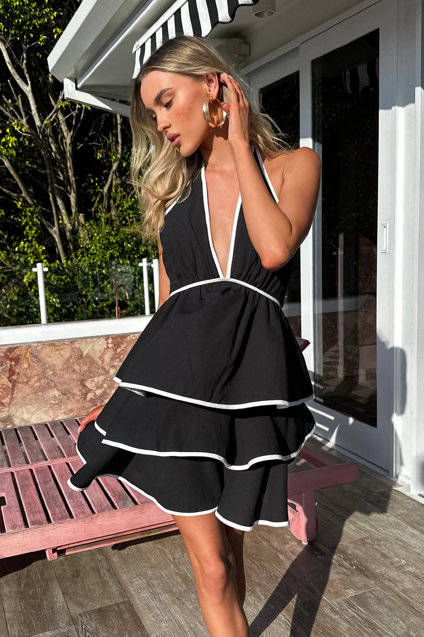 Catalina Tiered Ruffle Mini Dress Black/White-Fable Dress