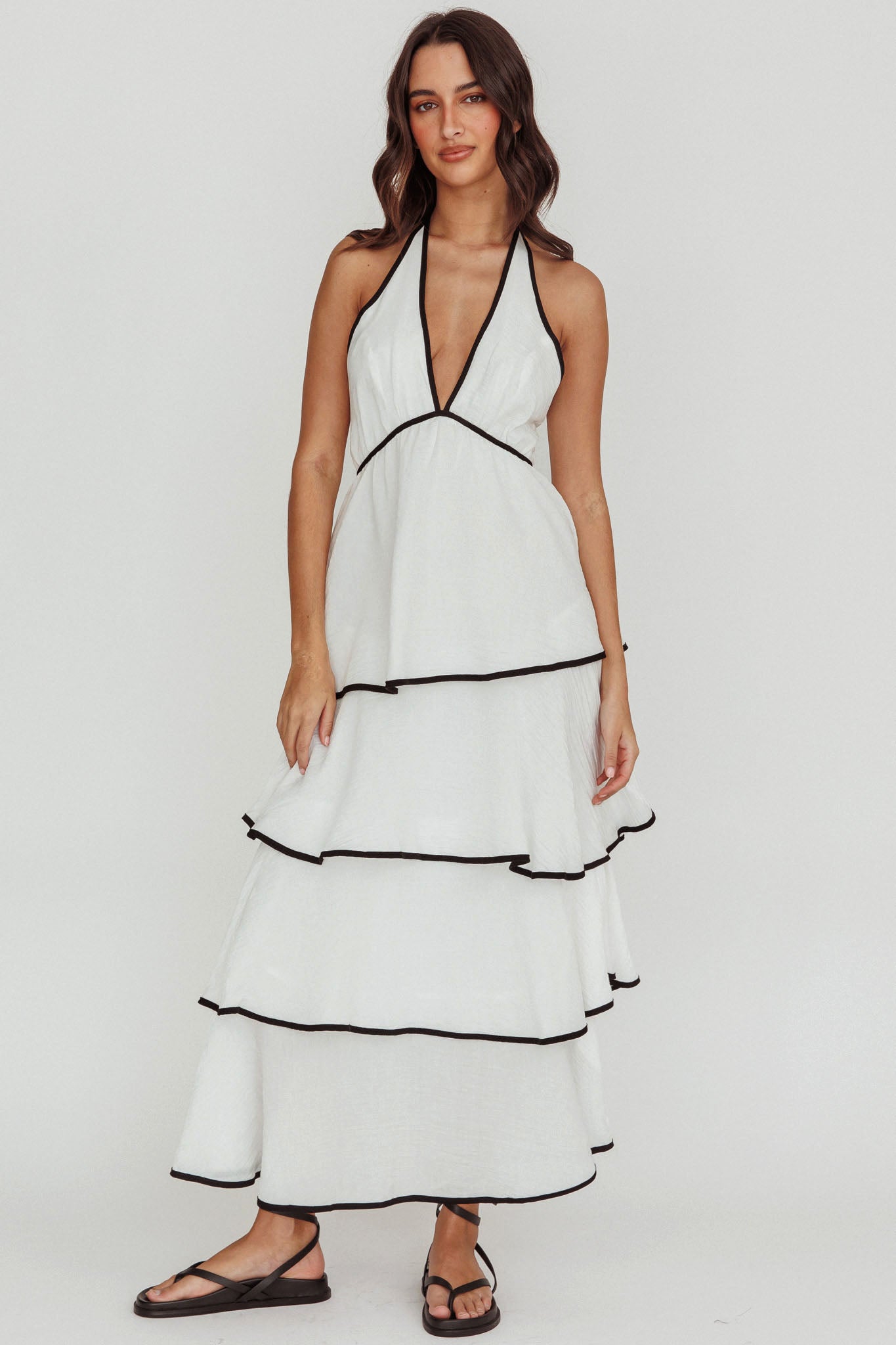 Catalina Tiered Ruffle Maxi Dress White/Black-Fable Dress