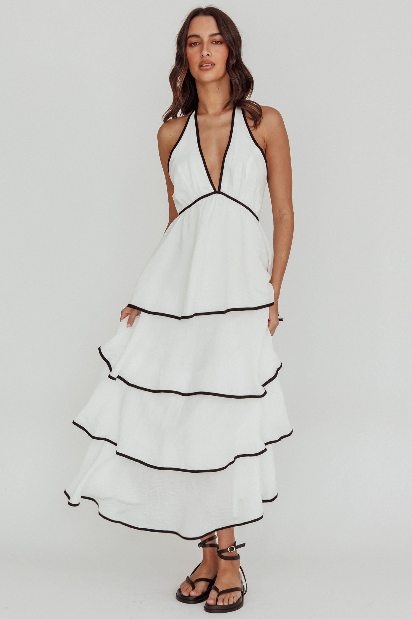 Catalina Tiered Ruffle Maxi Dress White/Black-Fable Dress