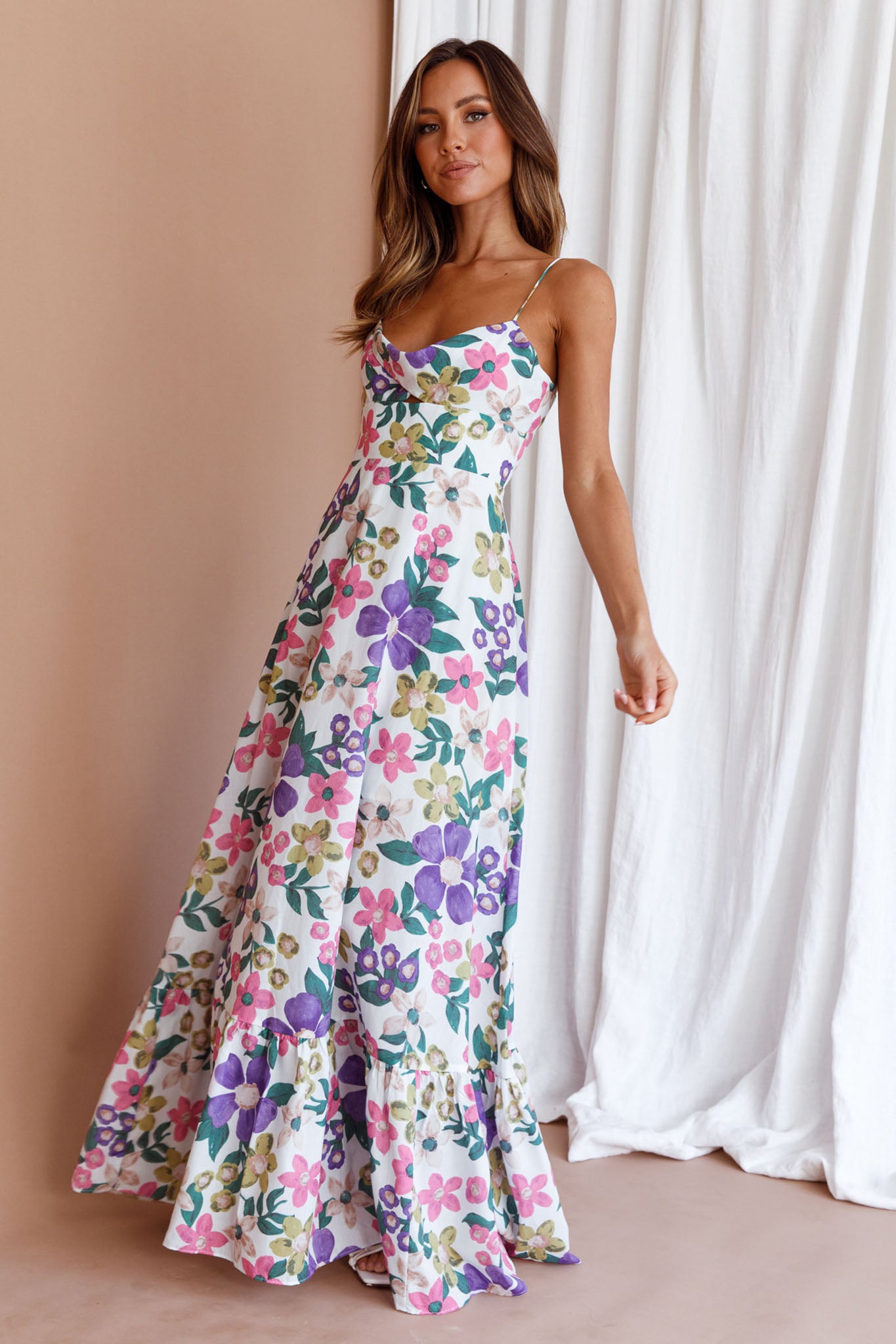 Beachside Flounce Hem Maxi Dress White Floral-Fable Dress
