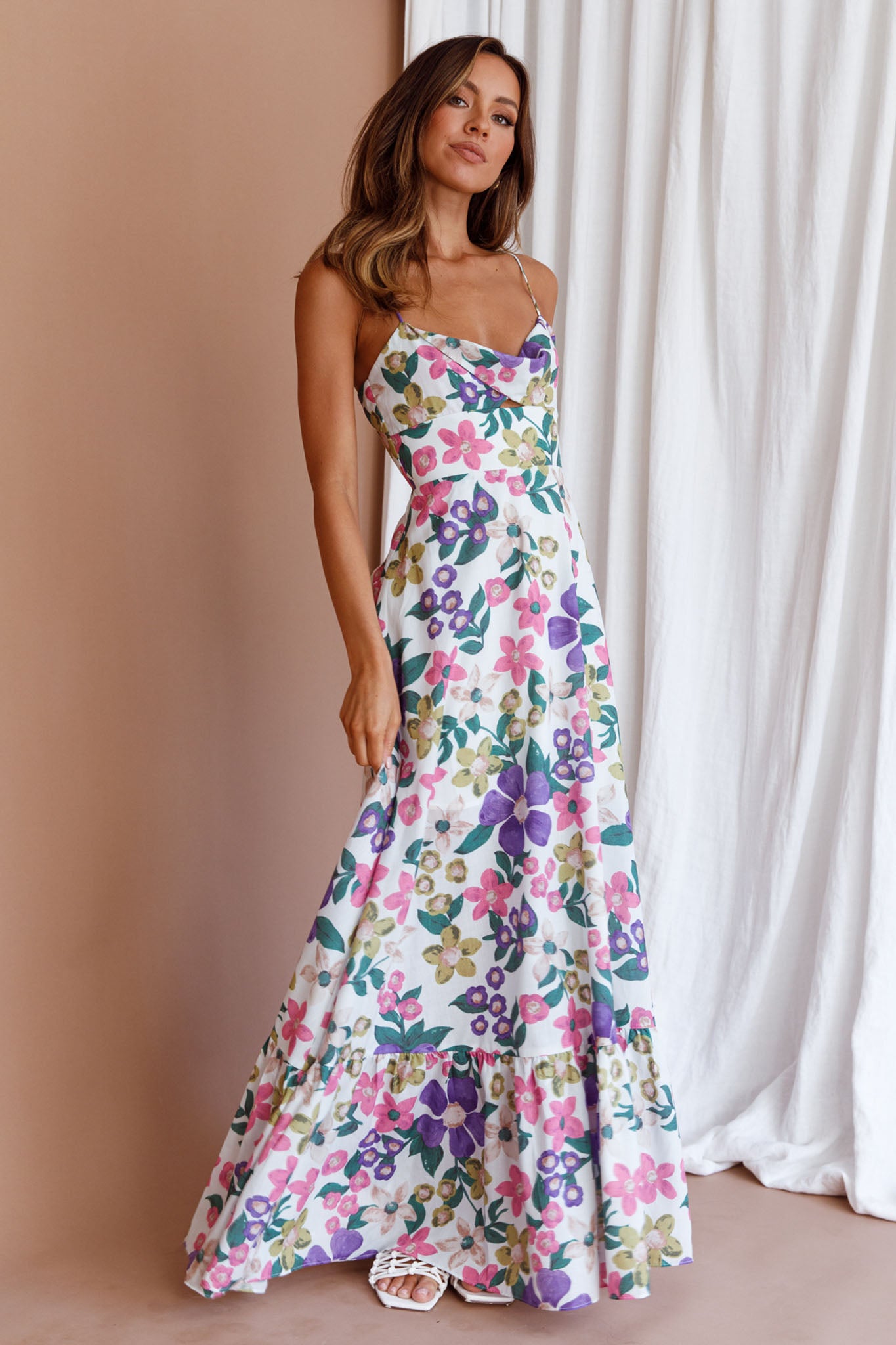 Beachside Flounce Hem Maxi Dress White Floral-Fable Dress