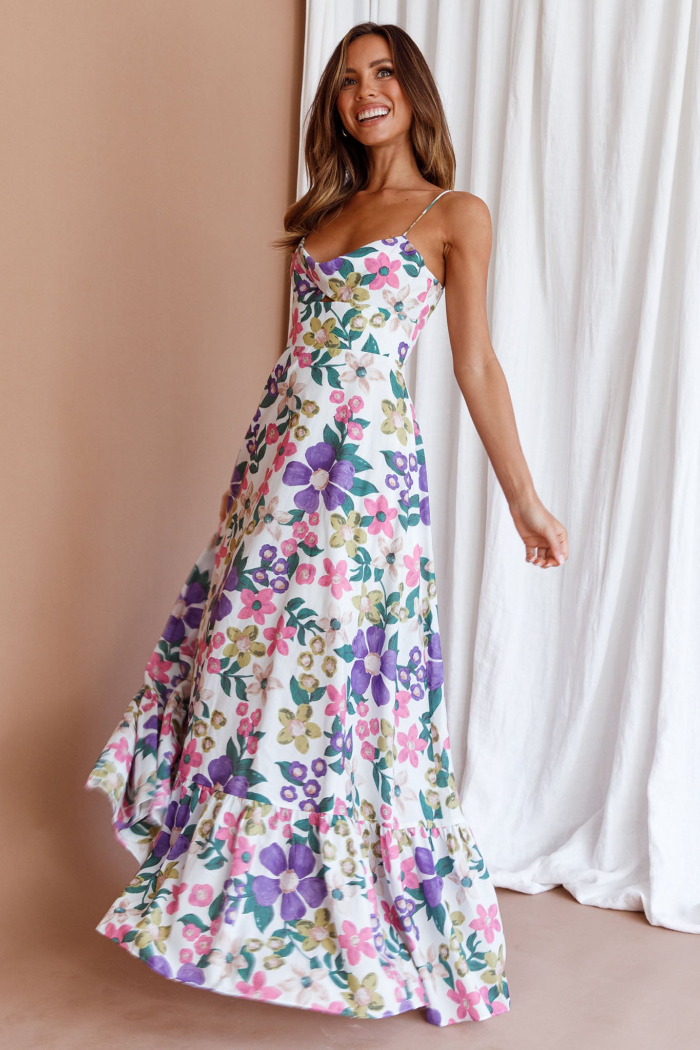 Beachside Flounce Hem Maxi Dress White Floral-Fable Dress