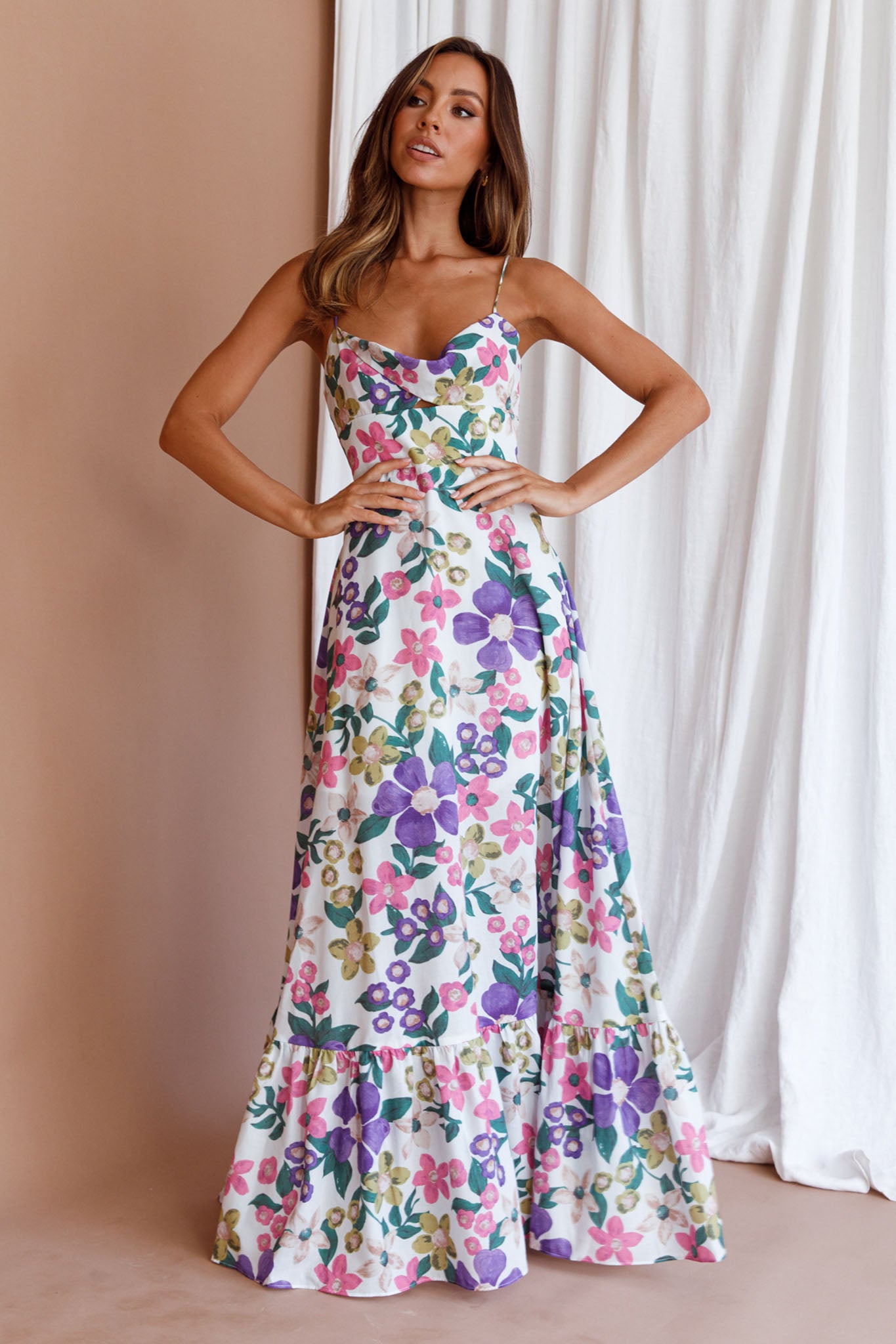 Beachside Flounce Hem Maxi Dress White Floral-Fable Dress