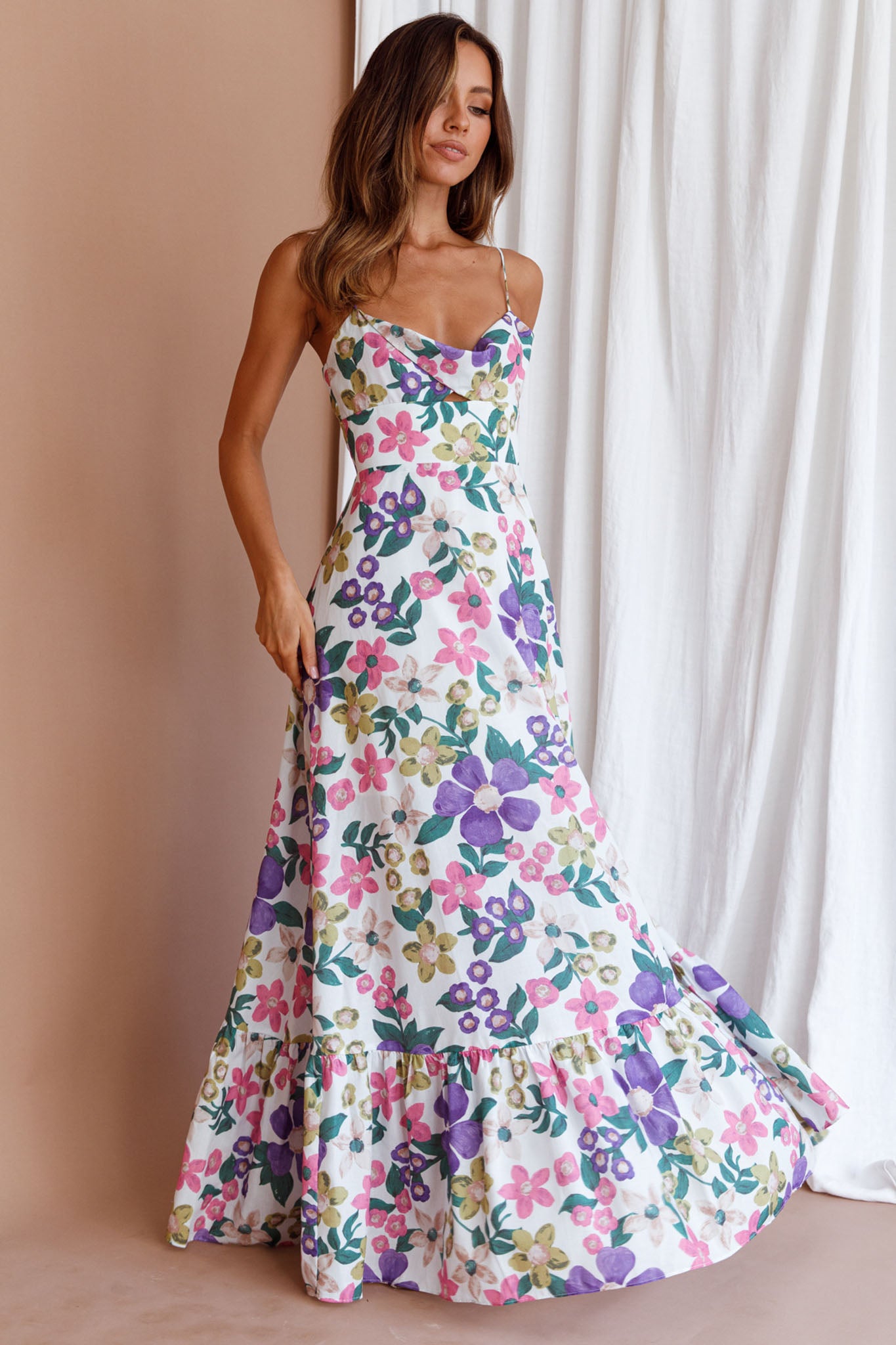 Beachside Flounce Hem Maxi Dress White Floral-Fable Dress