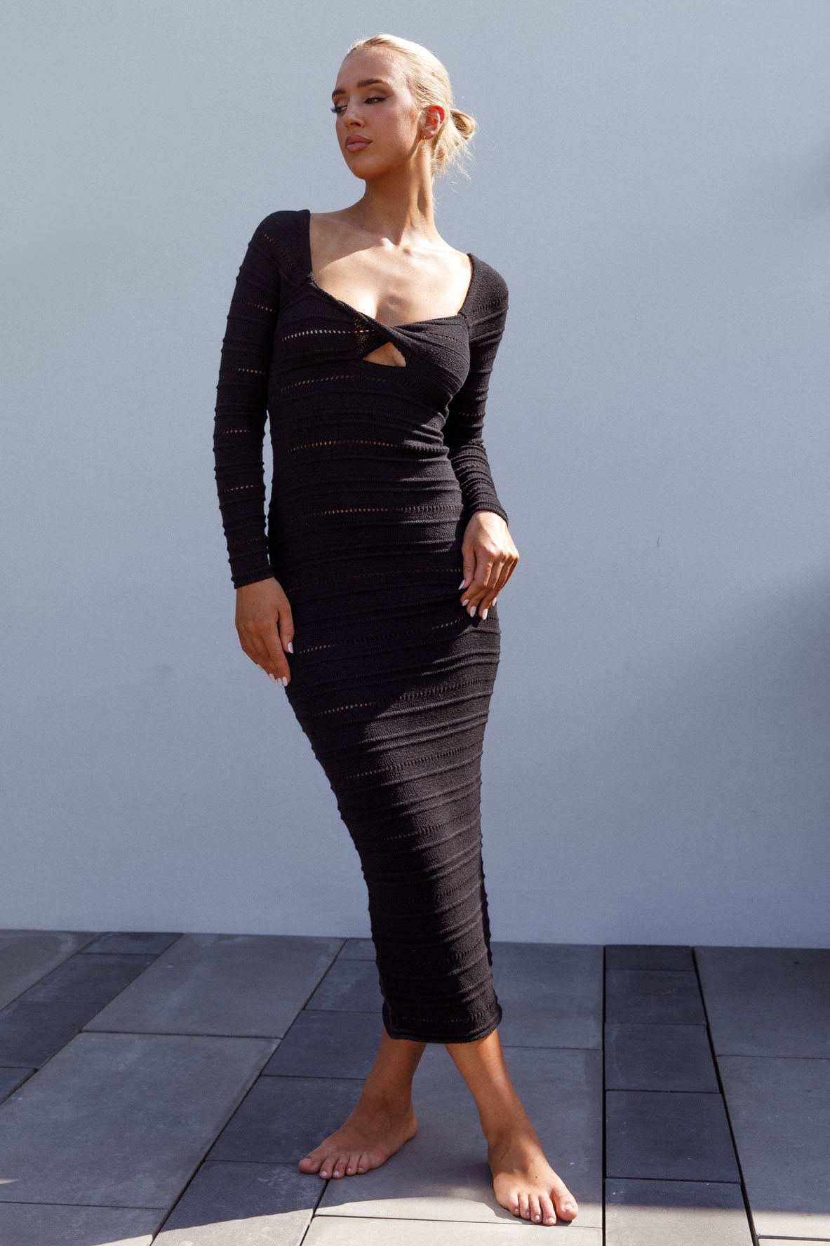 Beachside Crochet Knit Long Sleeve Midi Dress Black-Fable Dress