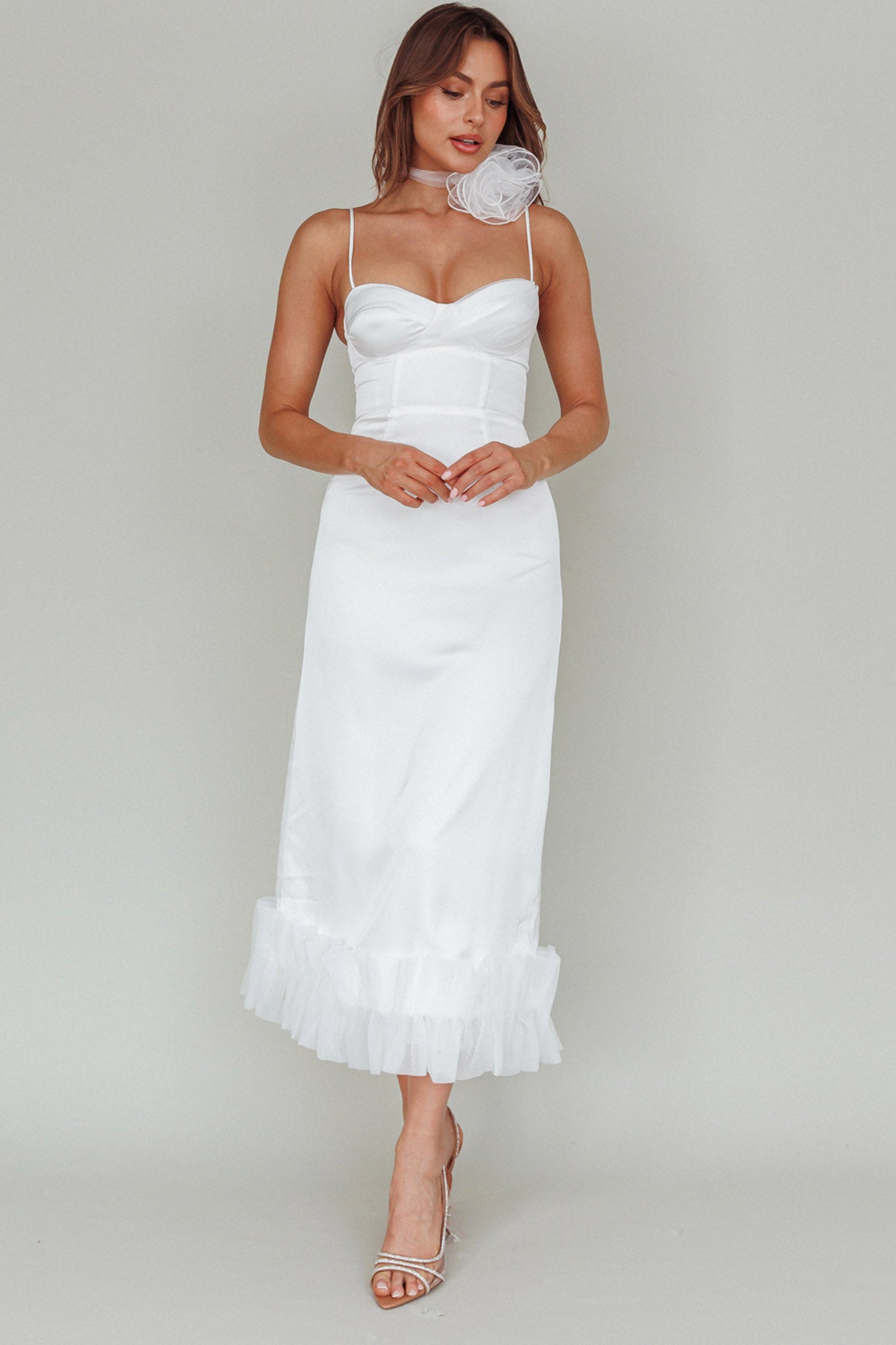 Buona Sera Hem Decoration Midi Dress White-Fable Dress