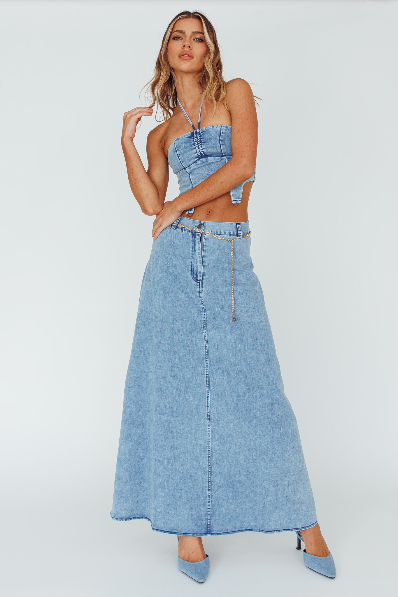Romcom Halterneck Crop Top Denim Blue-Fable Dress