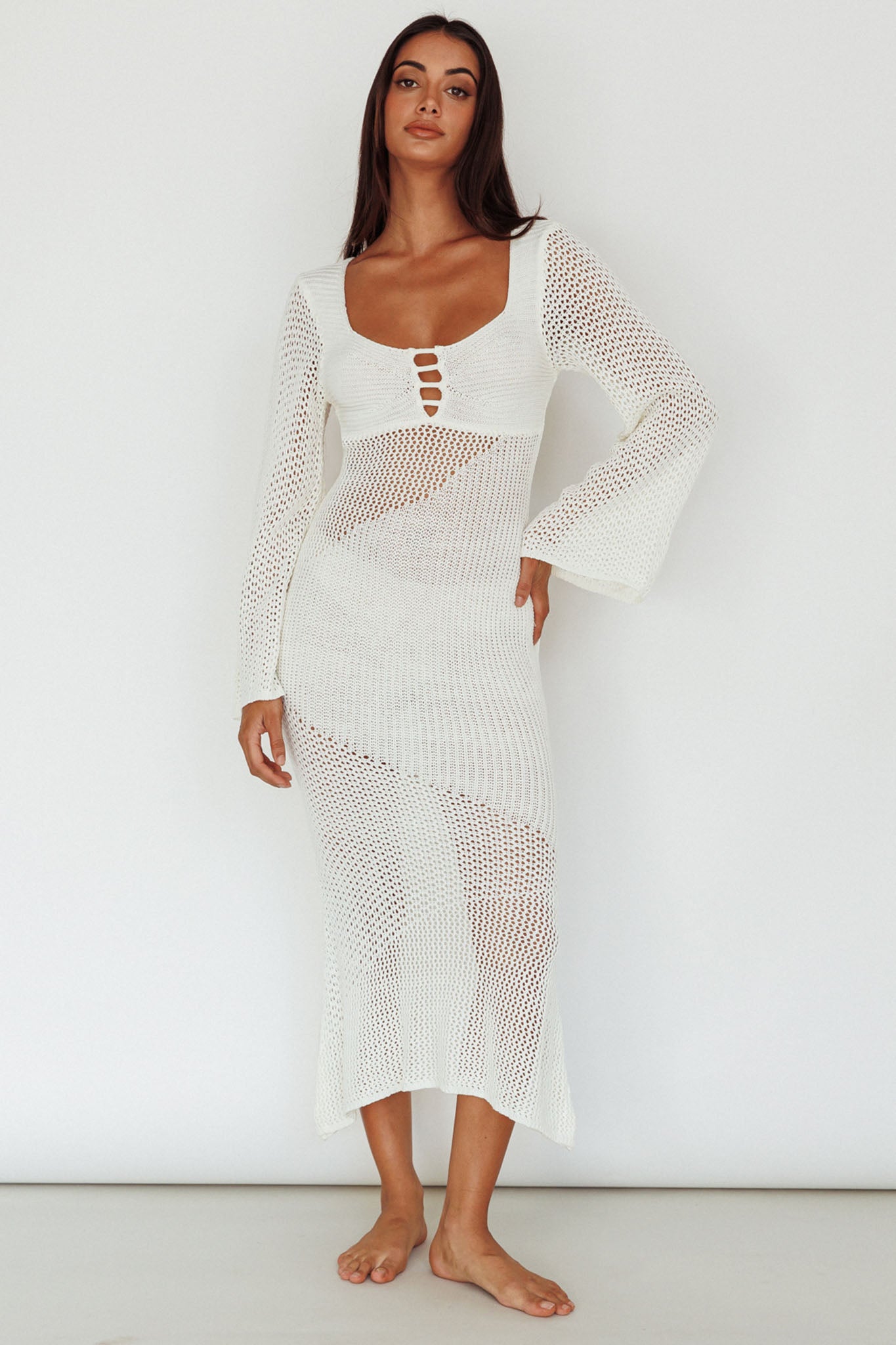 Zizi Long Sleeve Crochet Maxi Dress White-Fable Dress